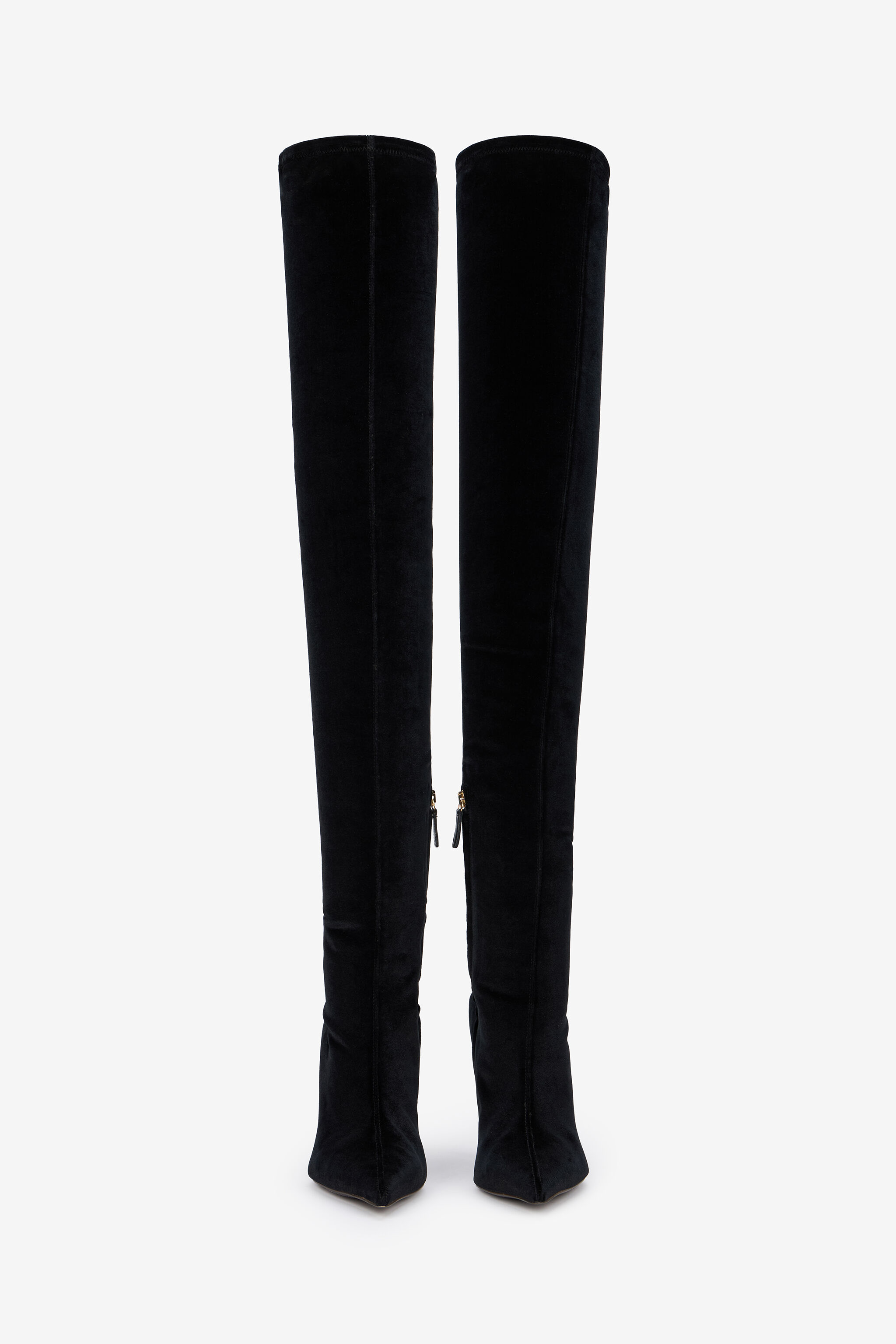 Black Satin Pointed-Toe Thigh High Boots in Black for Women