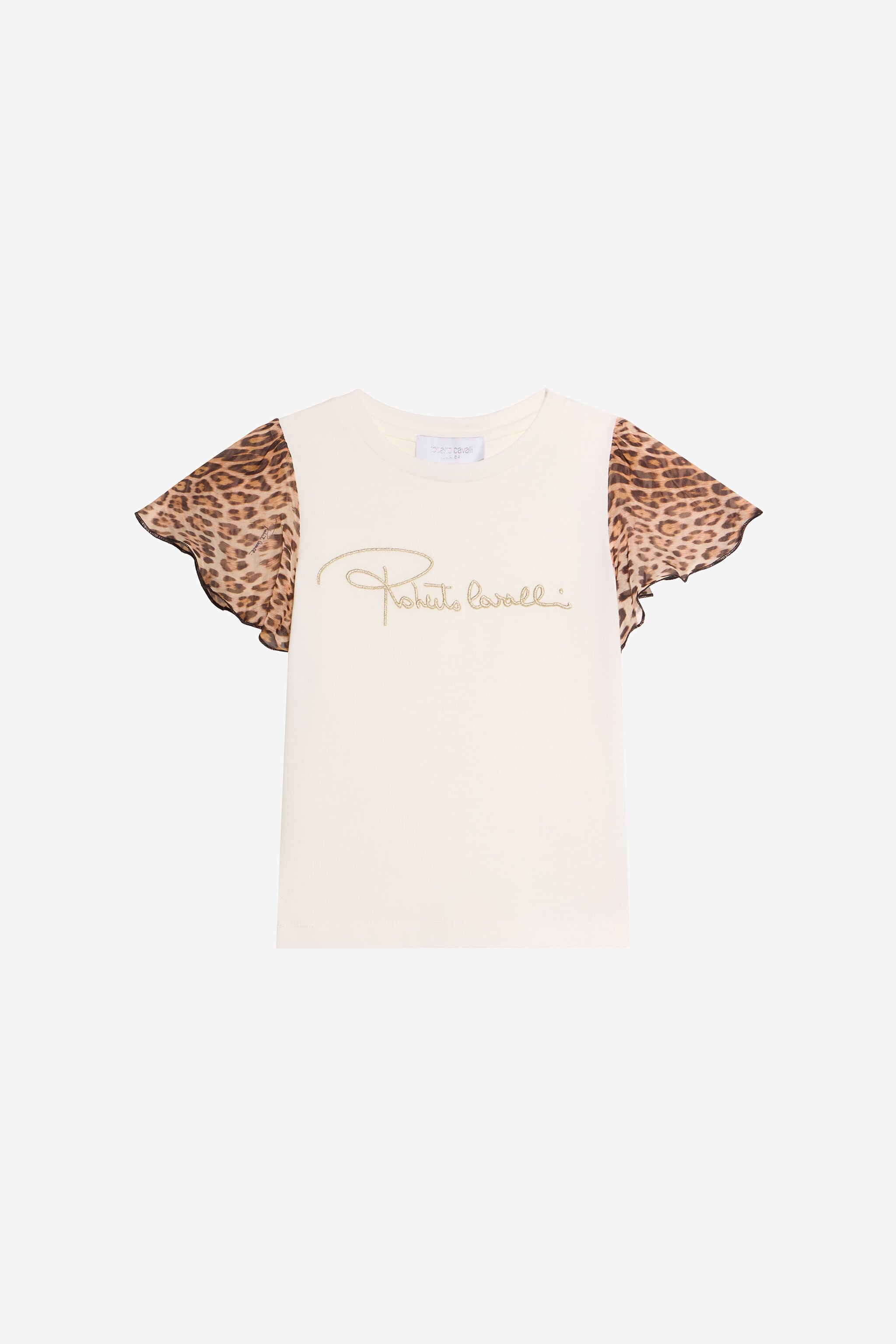 JU T-shirt With Leopard Print Silk Sleeves JU T-shirt With Leopard Print Silk Sleeves MILKY WHITE VJT62D-JD001