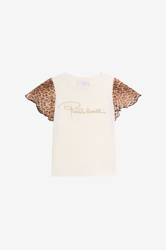 JU T-shirt With Leopard Print Silk Sleeves JU T-shirt With Leopard Print Silk Sleeves MILKY WHITE VJT62D-JD001