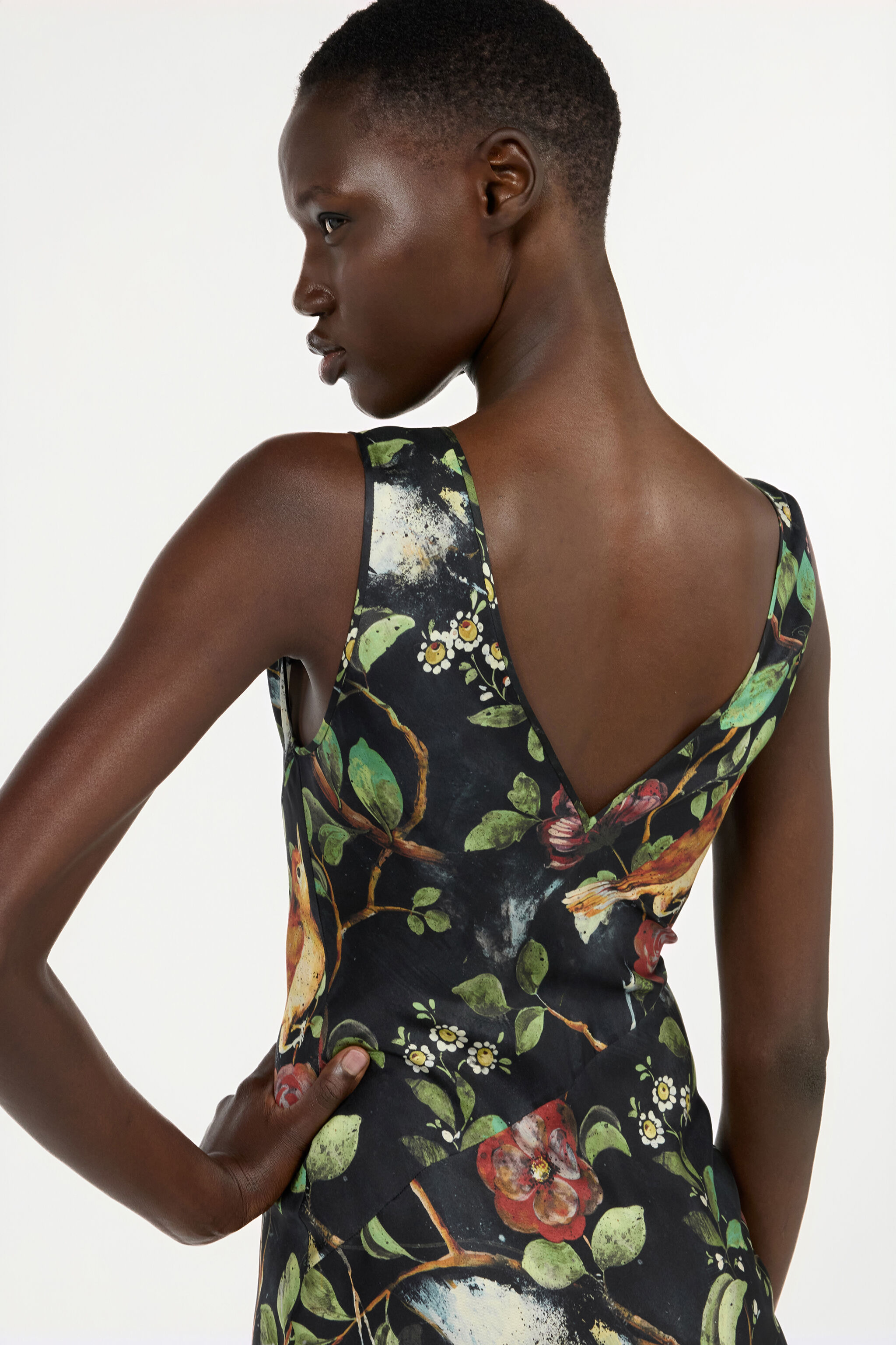 Silk Twill Dress With Pompei Garden Print in Black for Women