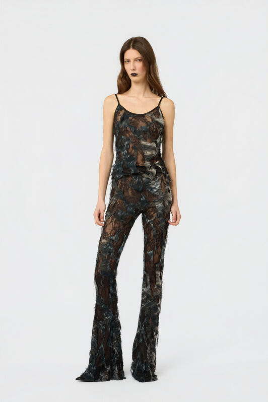 RC Pants with Fur Print on Destroyed-Effect Lace BLACK/BEIGE XWT206-7HT79