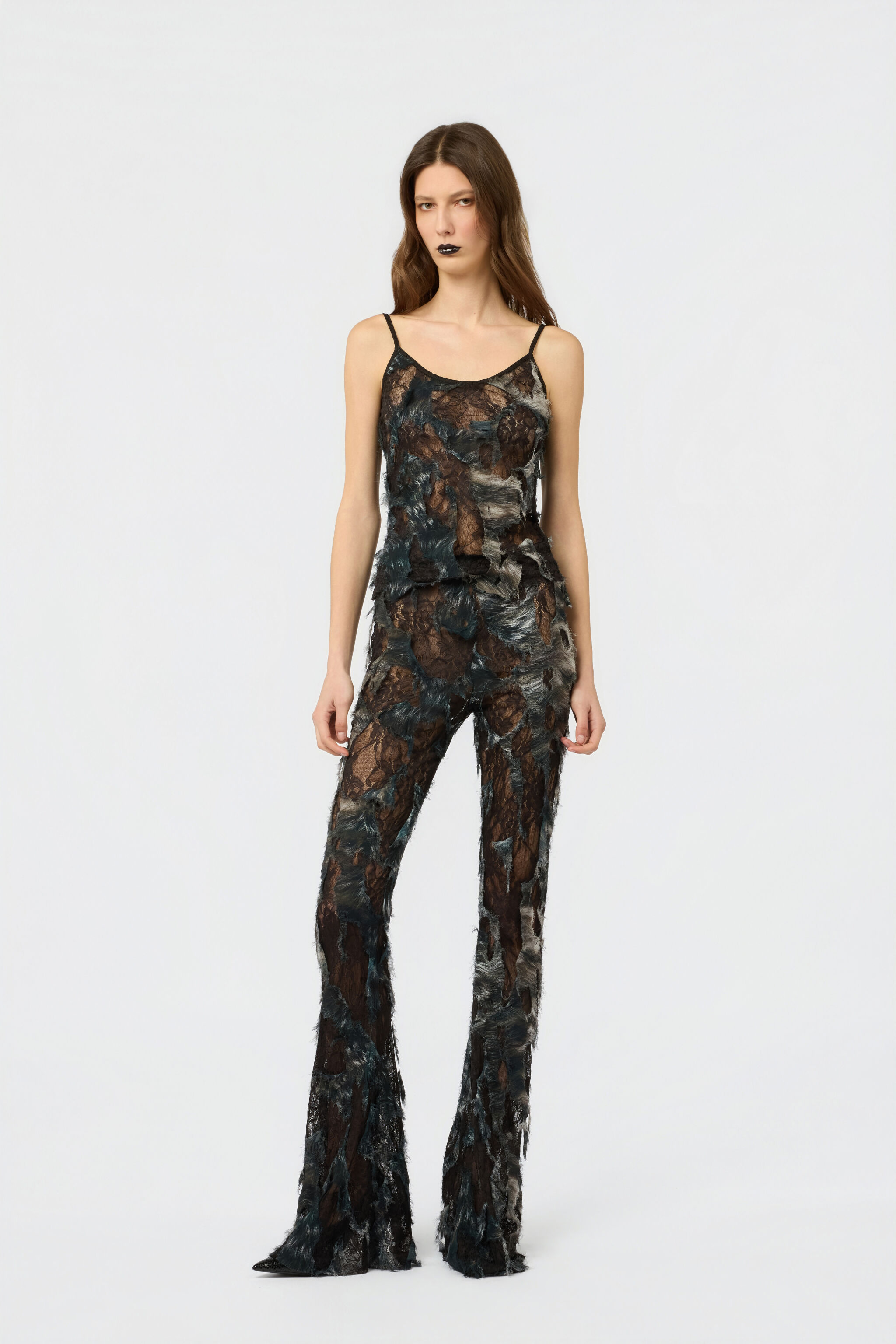 RC Pants with Fur Print on Destroyed-Effect Lace BLACK/BEIGE XWT206-7HT79
