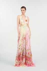 RC Long Chiffon Dress with Miami Flowers Print MULTICOLOR WQT175-CKR32