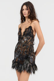 RC Mini Dress With Fur Print On Destroyed-Effect Lace BLACK/BEIGE XWT119-7HT79