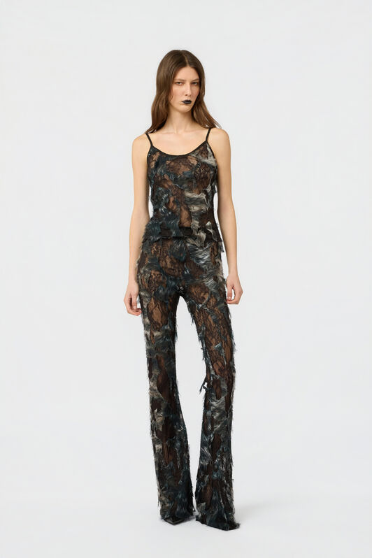 RC Top con estampado Fur sobre encaje con efecto desgastado BLACK/BEIGE XWT605-7HT79