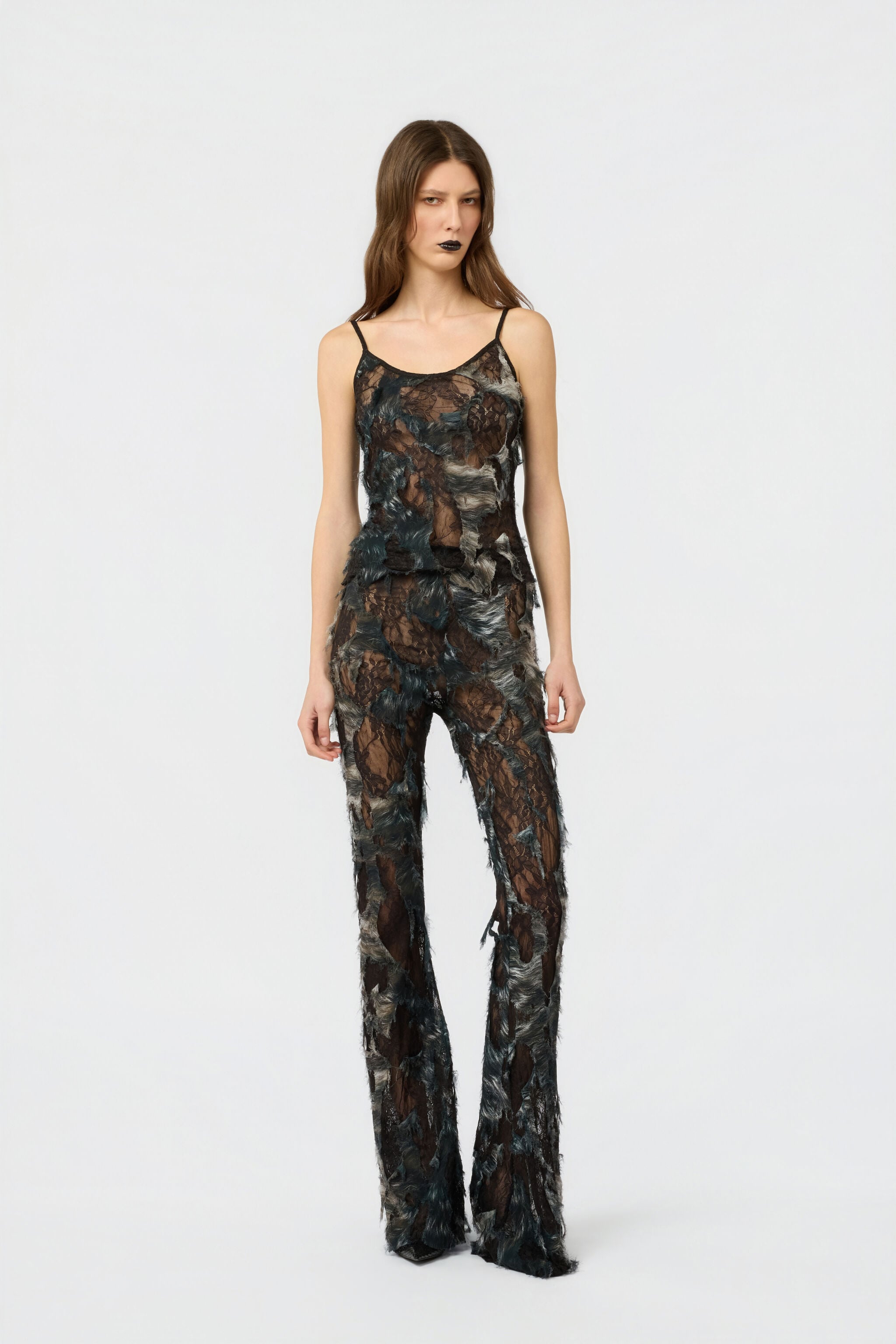 RC Top con estampado Fur sobre encaje con efecto desgastado BLACK/BEIGE XWT605-7HT79
