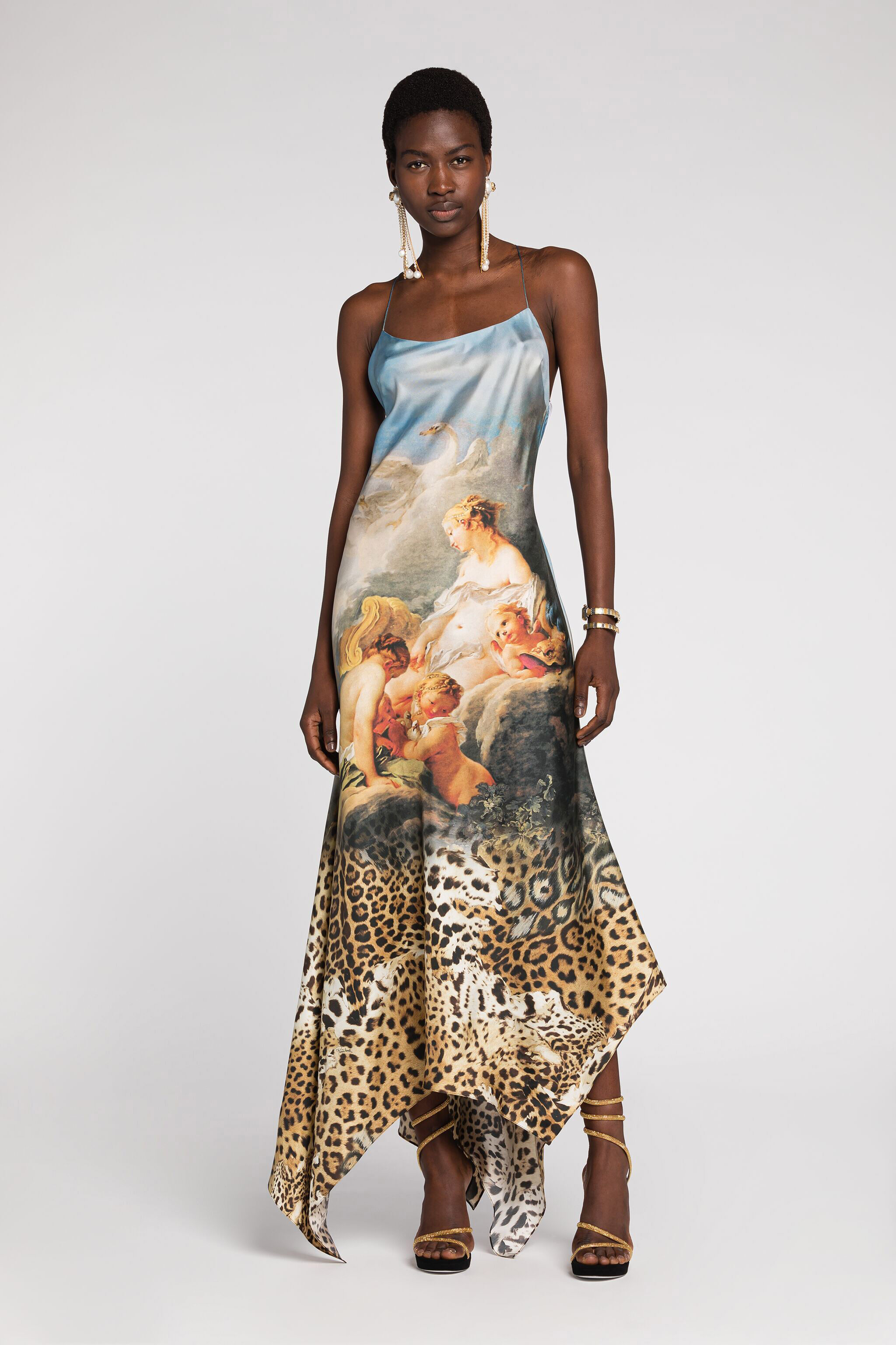 Graphic-print silk dress in Light blue for Women | Roberto Cavalli®