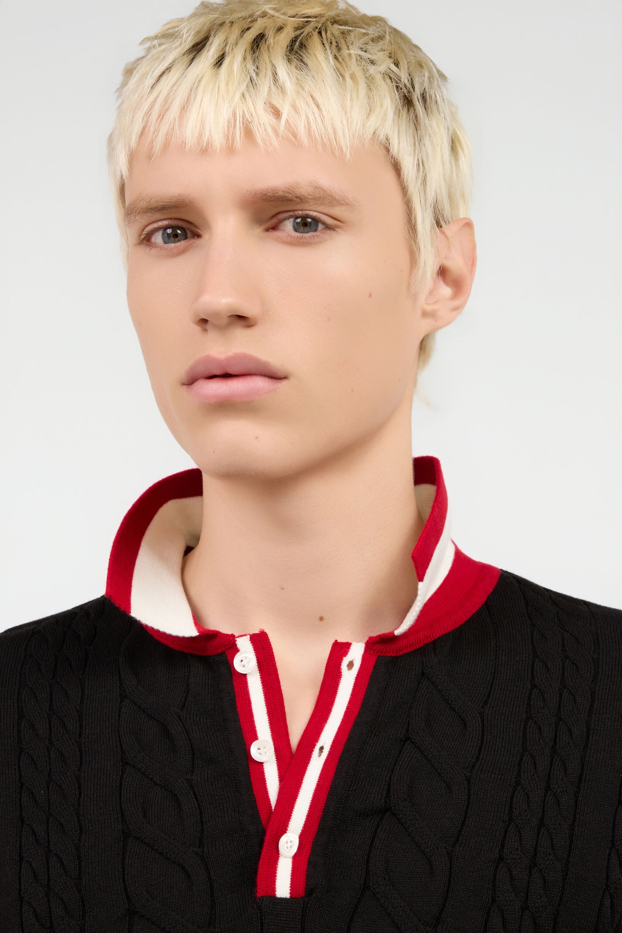 RC Black Cable Knit Polo With Contrast Trim RC Black Cable Knit Polo With Contrast Trim BLACK ROM90E-FEC31