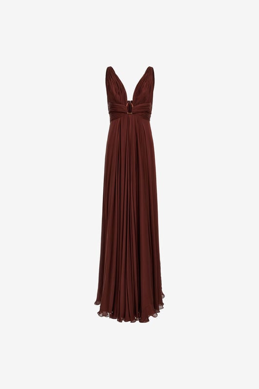 RC Vestido Maxi De Seda Marrón Con Escote Pronunciado RC Vestido Maxi De Seda Marrón Con Escote Pronunciado Marrón oscuro SKT170-CC001