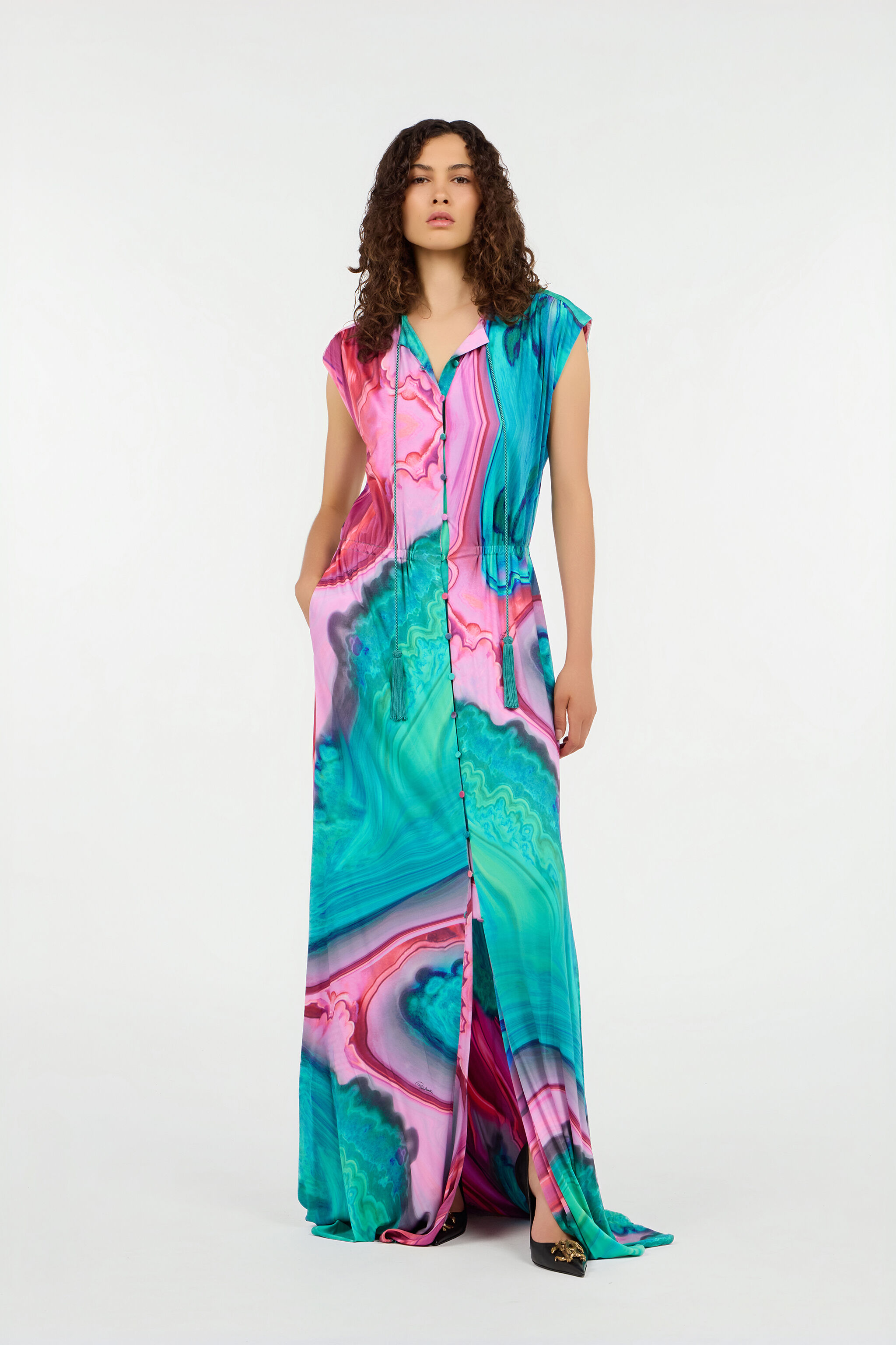 RC Long dress chemisier with multicolor marbled print RC Long dress chemisier with multicolor marbled print VERDE/ROSA VWT194-JRR79