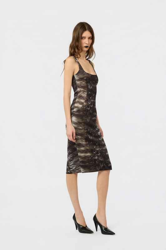 RC Midi Dress in Scuba Jersey with Fur Print BLACK/BEIGE XWT140-NVT79