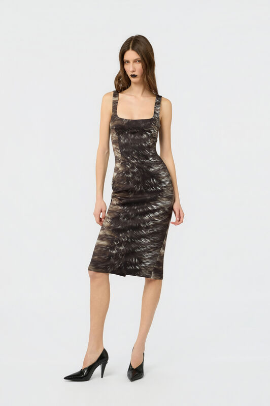 RC Midi Dress in Scuba Jersey with Fur Print BLACK/BEIGE XWT140-NVT79