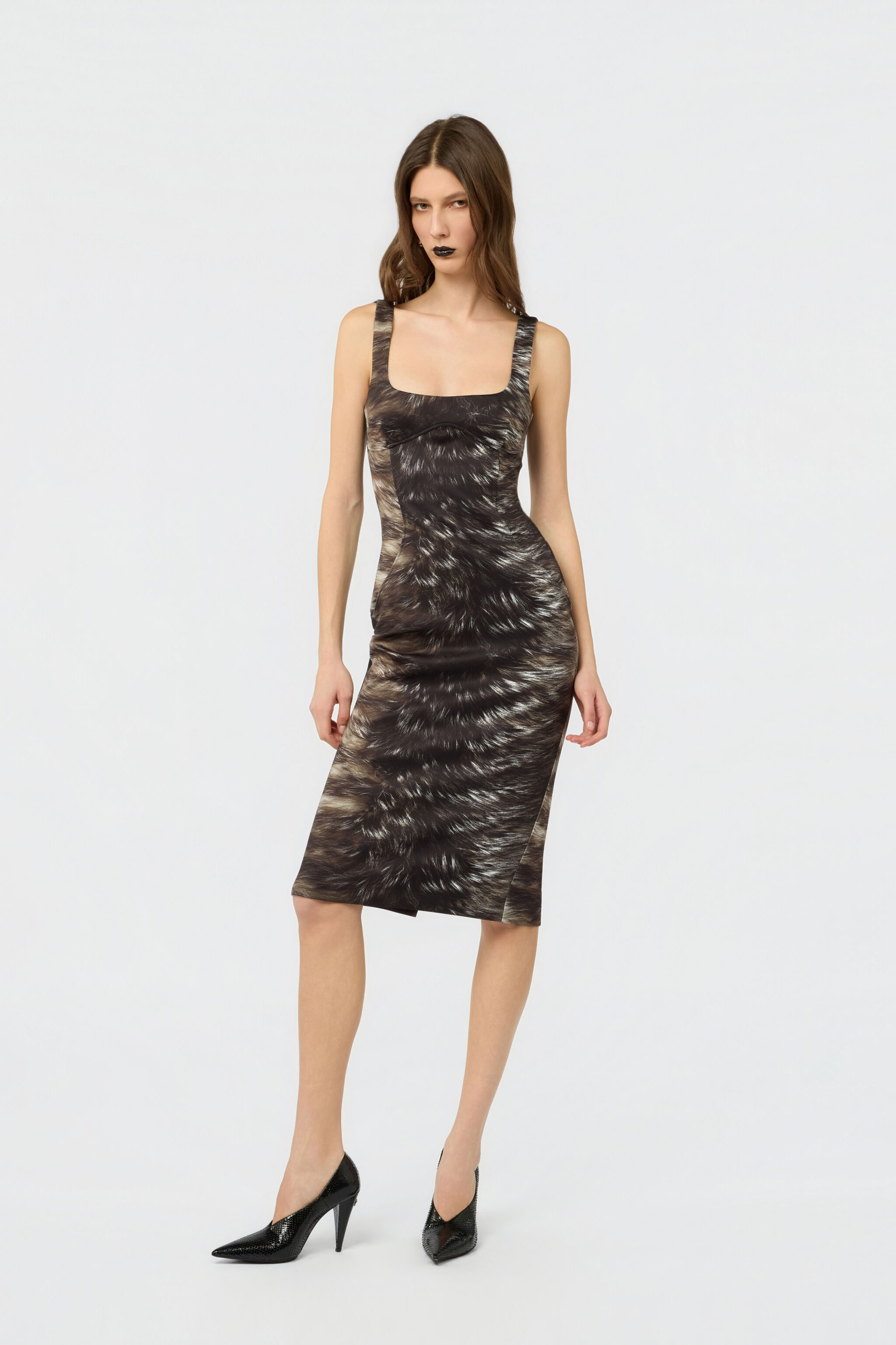 RC Midi Dress in Scuba Jersey with Fur Print BLACK/BEIGE XWT140-NVT79
