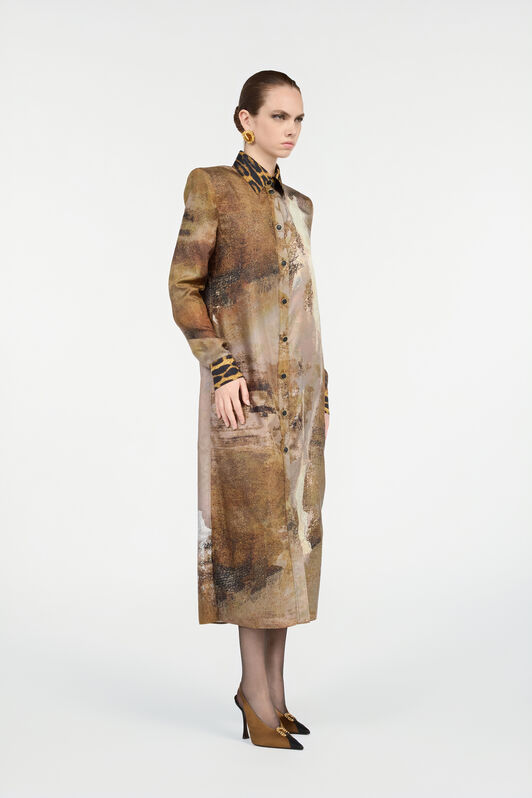 RC Vestido Camisero De Seda Beige Con Estampado Marmo Marrón claro VWT111-OZQ74