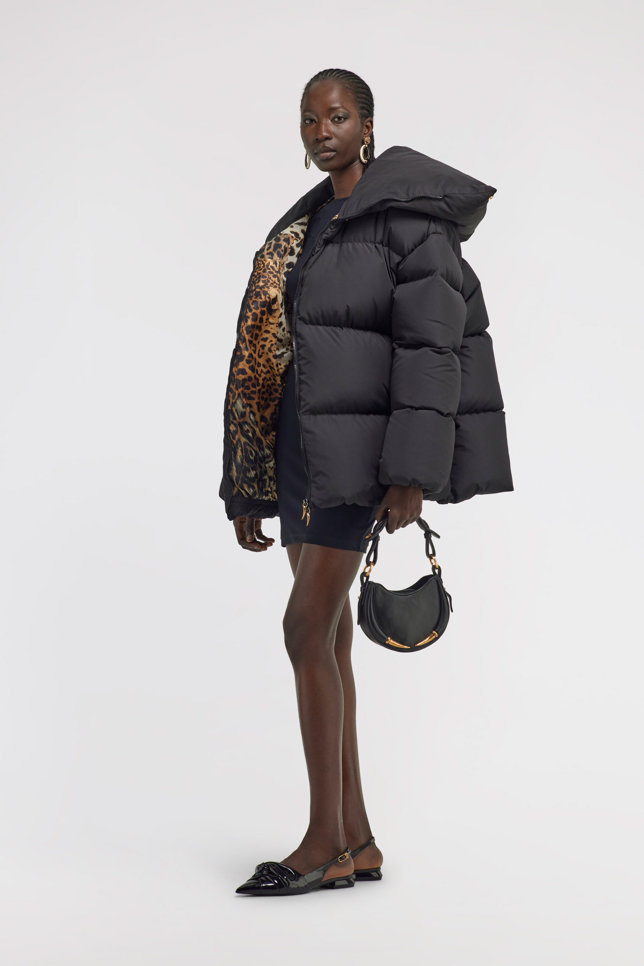 Black High Collar Down Jacket in Black for Women | Roberto Cavalli®