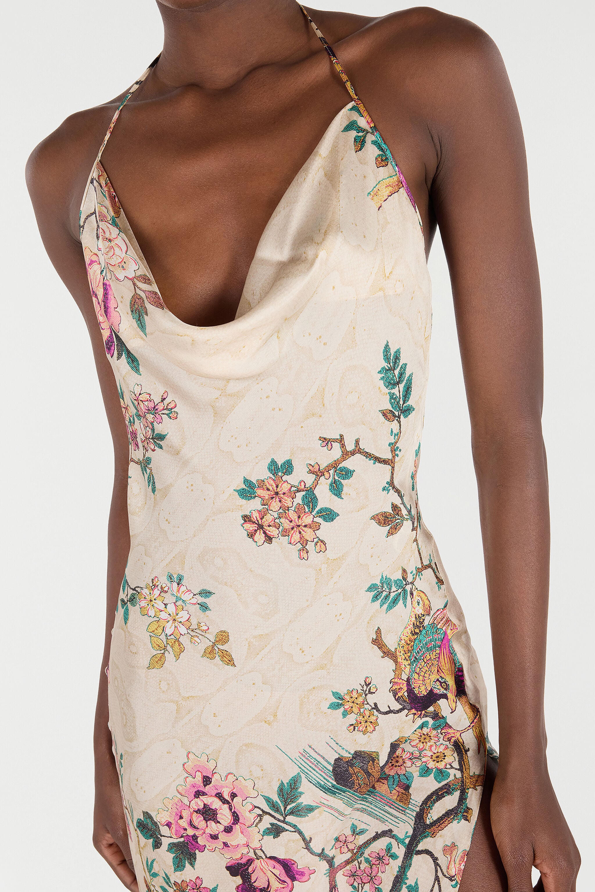 Extra-Long Pure Silk Dress With Oriental Bird Print in Ivory/Pink