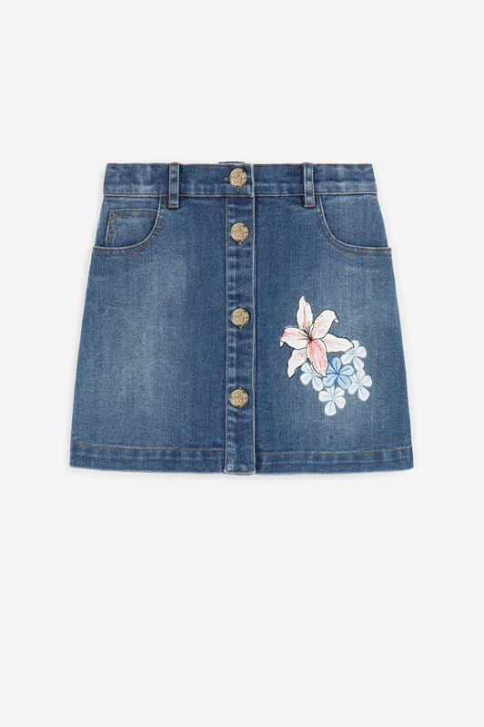 JU Flower-Embroidered Denim Skirt JU Flower-Embroidered Denim Skirt Dark blue QJJ300-DS015