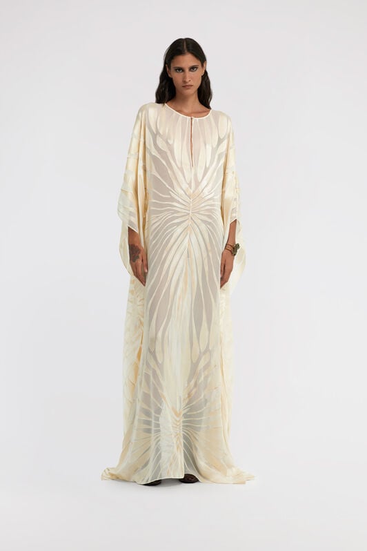 RC Caftan en satin imprimé Ray Of Gold RC Caftan en satin imprimé Ray Of Gold Ivoire TKT103-HLI15