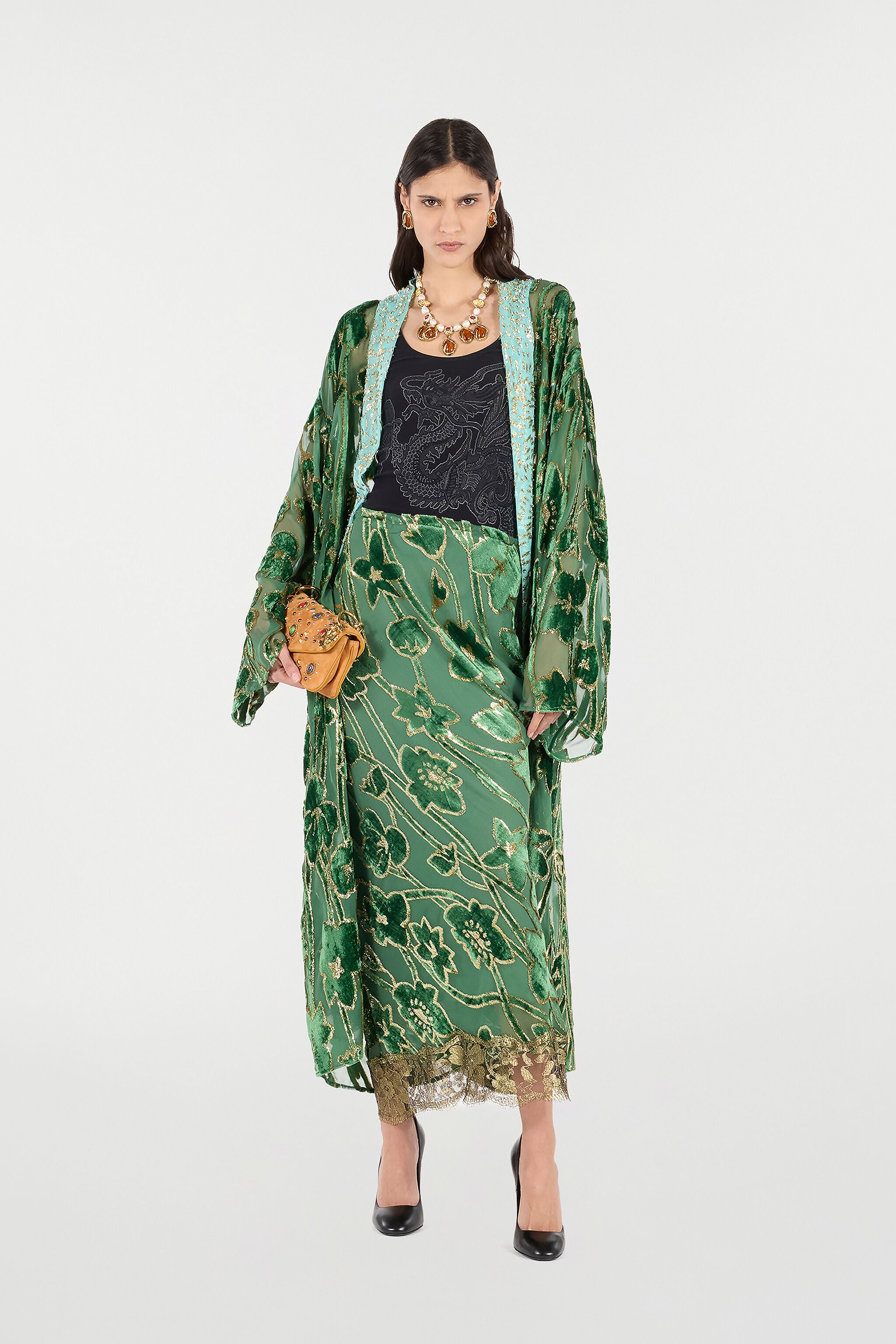RC Long Silk-Blend Skirt RC Long Silk-Blend Skirt VERDE/ORO VKT303-FC007