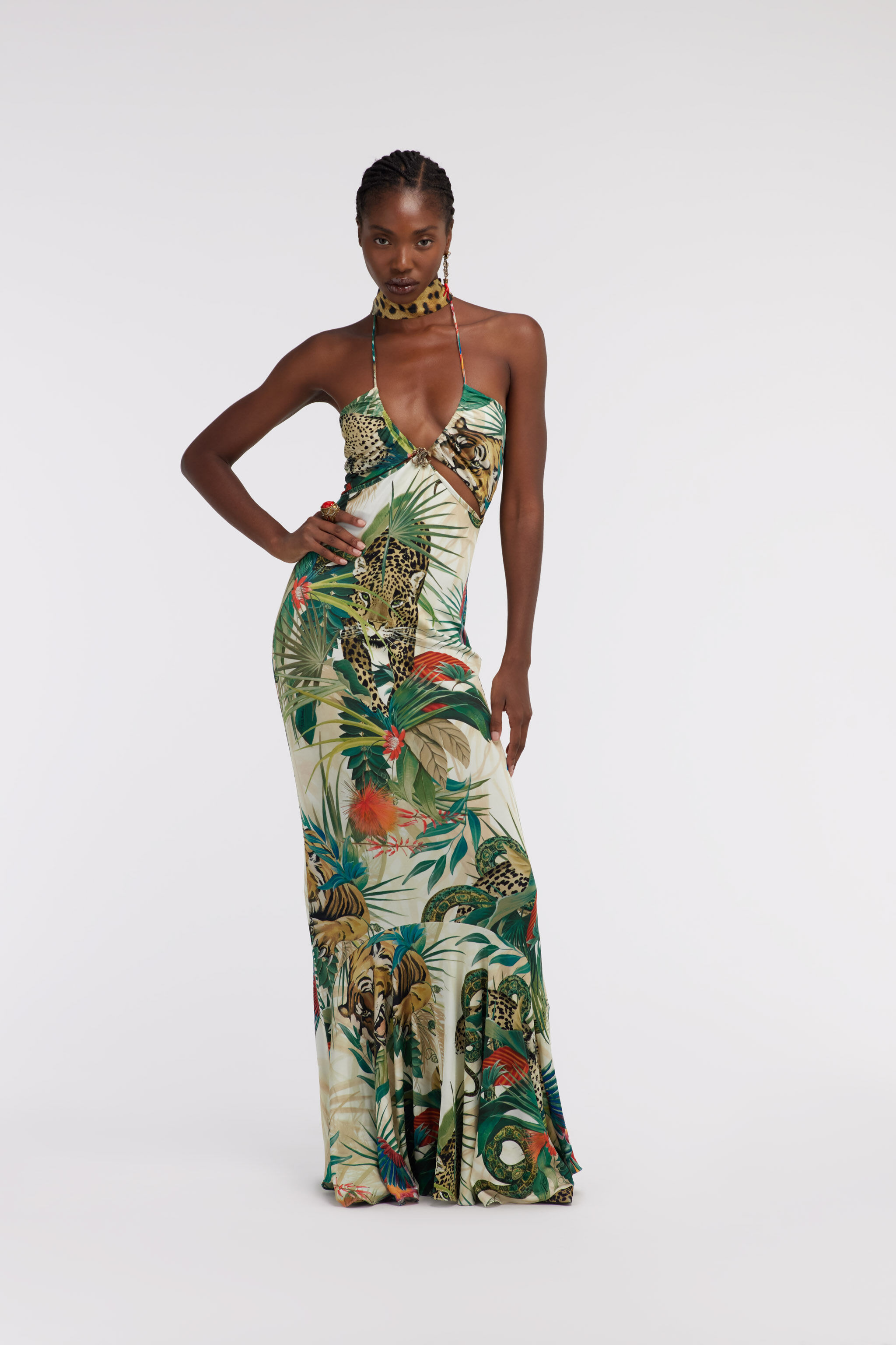 Jungle Print Maxi Dress Halter Neck in Green for Women | Roberto
