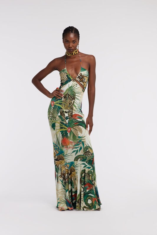 RC Jungle Print Maxi Dress Halter Neck RC Jungle Print Maxi Dress Halter Neck Green SKT125-JRI88