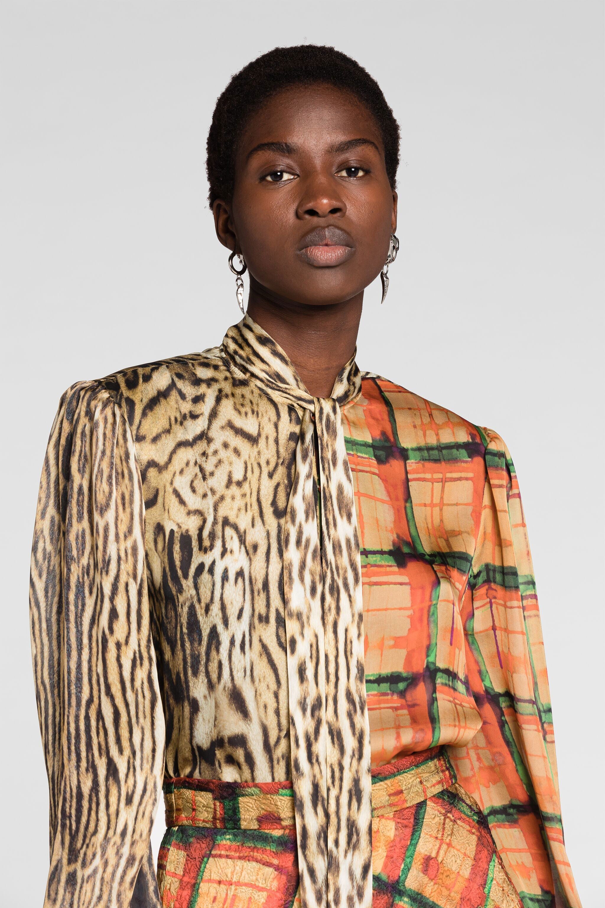 RC Ocelot And Tartan-Print Tie-Neck Top NATURALE/NATURALE PKT705-CTE37