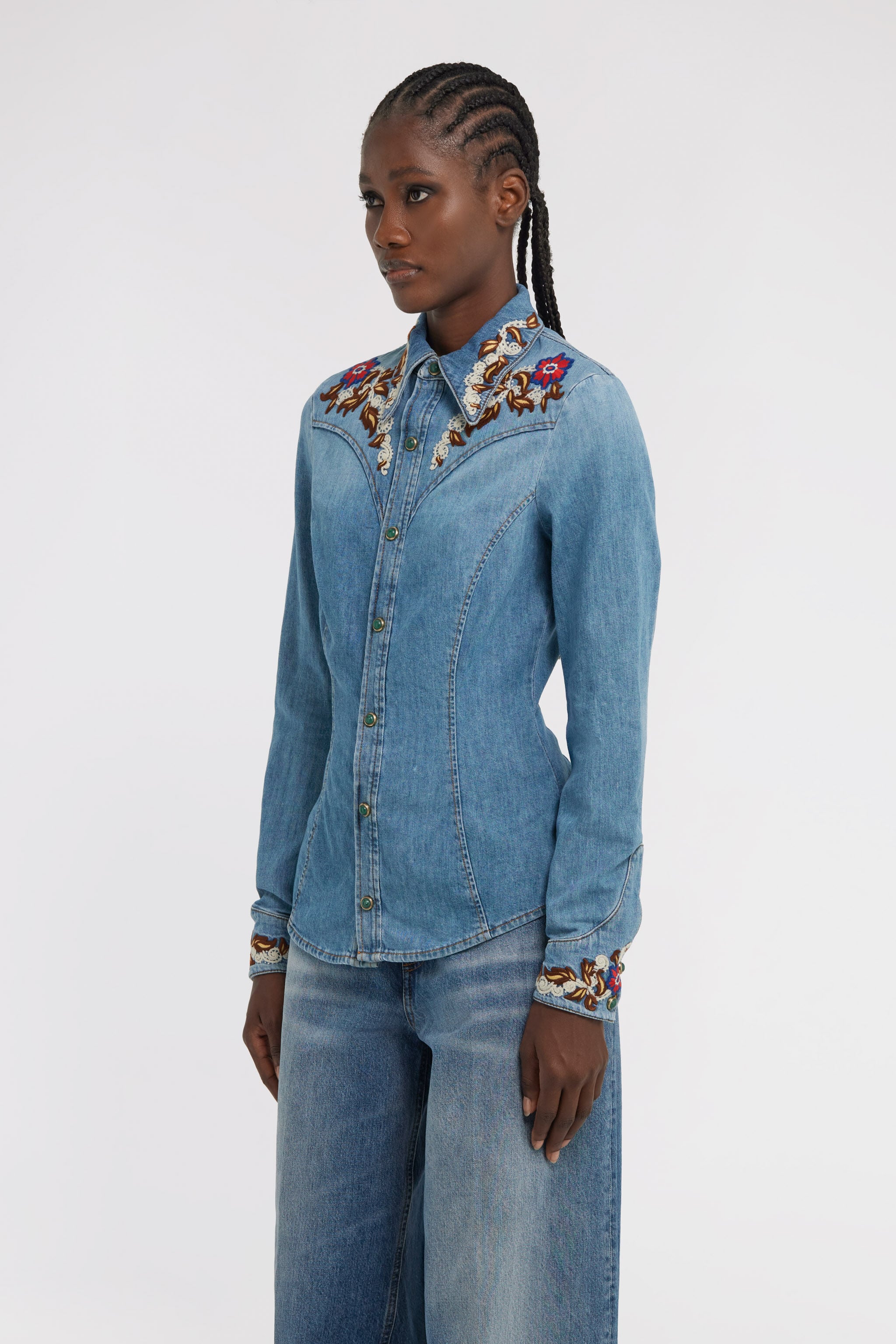 RC Blue Denim Shirt With Floral Embroidery RC Blue Denim Shirt With Floral Embroidery Blue TKJ705-VT001