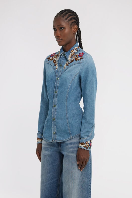 RC Blue Denim Shirt With Floral Embroidery RC Blue Denim Shirt With Floral Embroidery Blue TKJ705-VT001