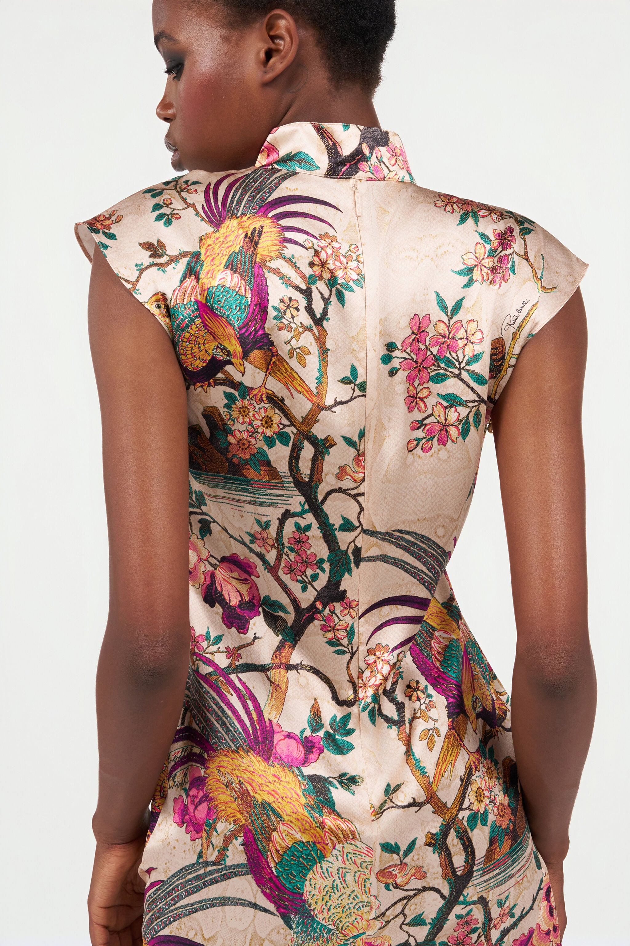 RC Oriental Bird Print Silk Mini Dress Ivory/Pink VKT129-TYP76