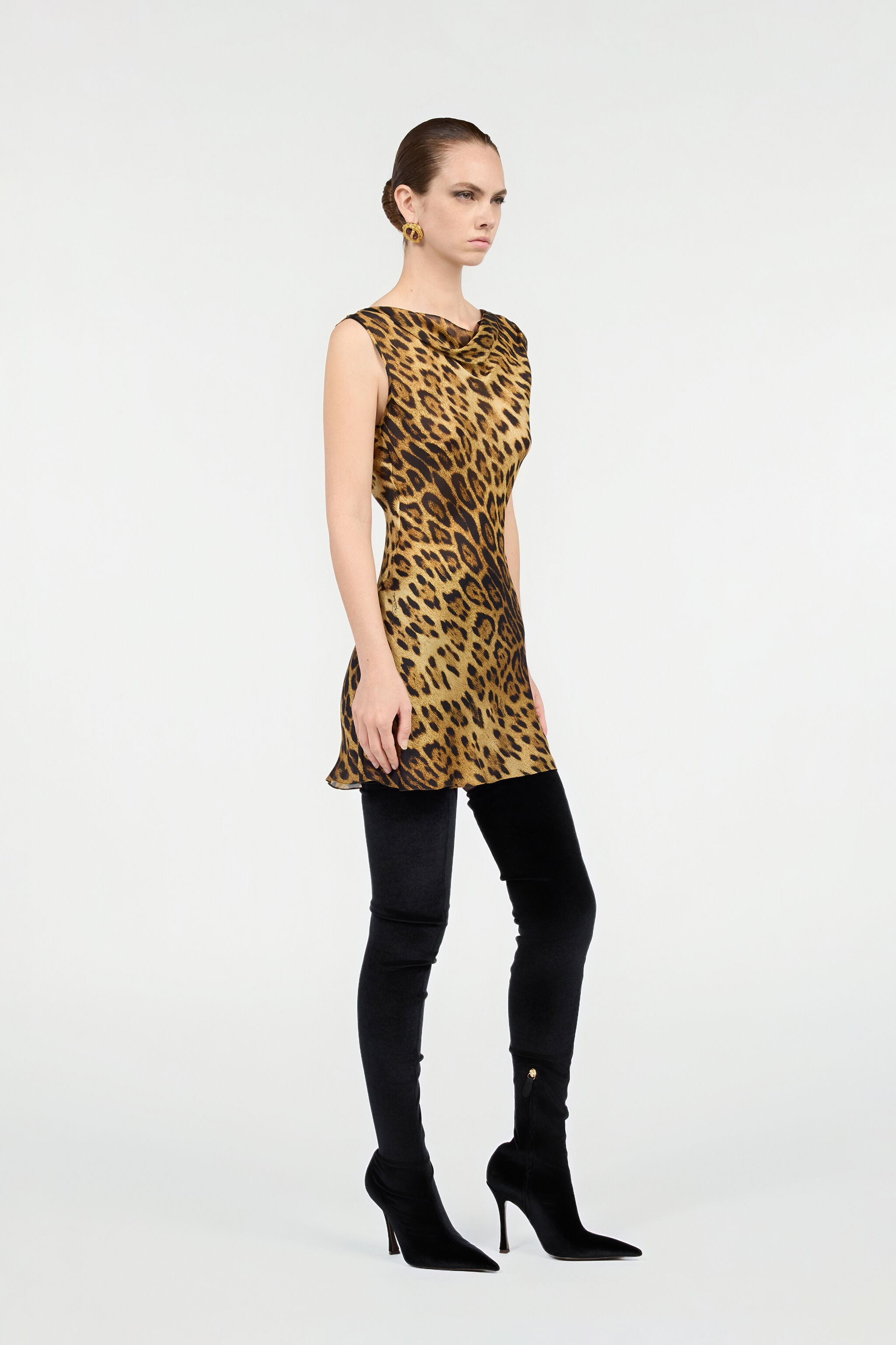 RC Silk Mini Dress With Jaguar Skin Print Brown VWT128-HZQ71