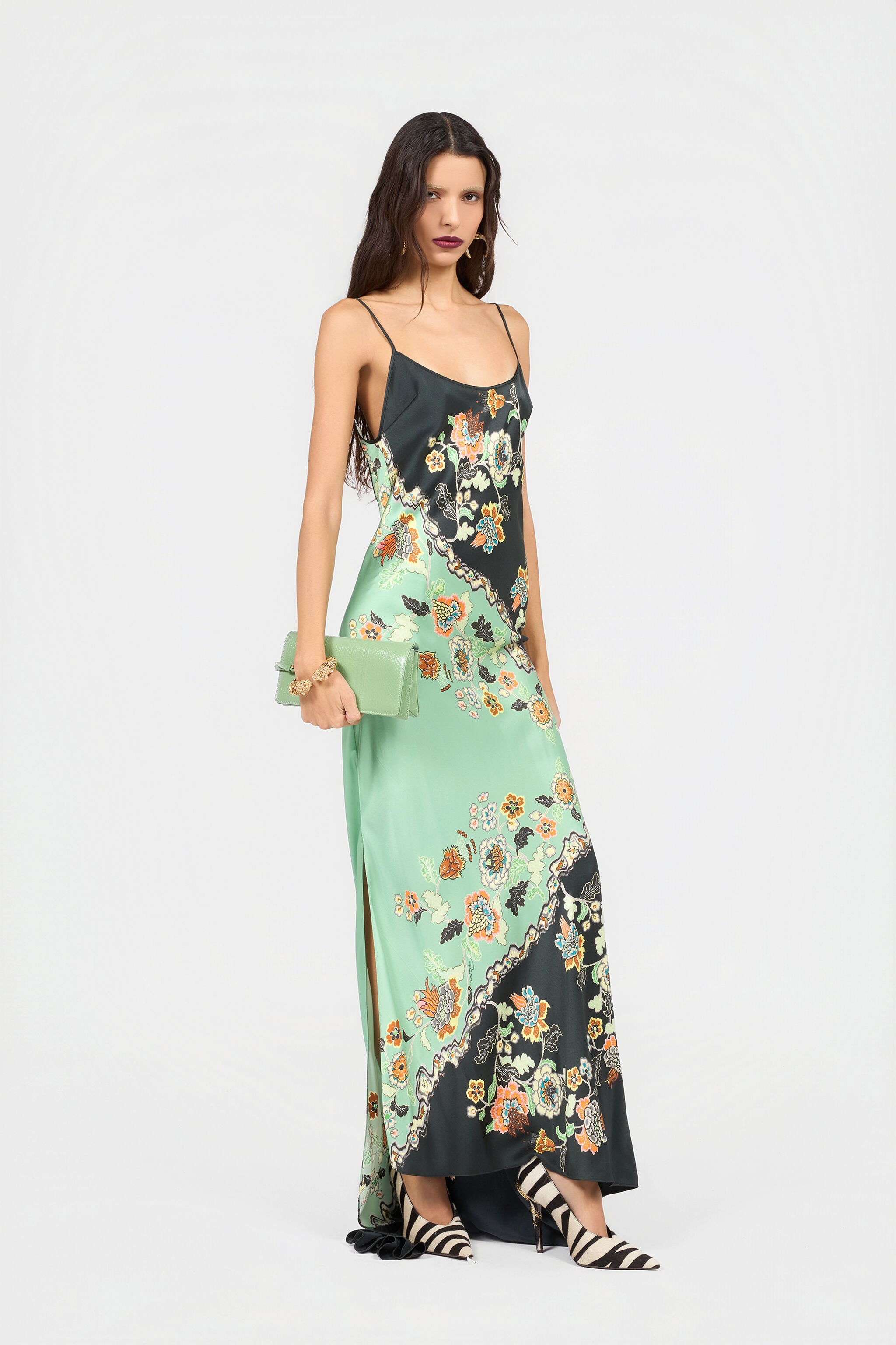 Kimono Print Silk Dress in GREEN/BLACK for Women | Roberto Cavalli®