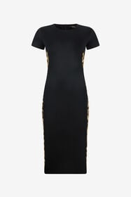 RC Schwarzes Midikleid Mit Leopardenmuster-Einsätzen BLACK/JAGUAR QOT10B-S5001