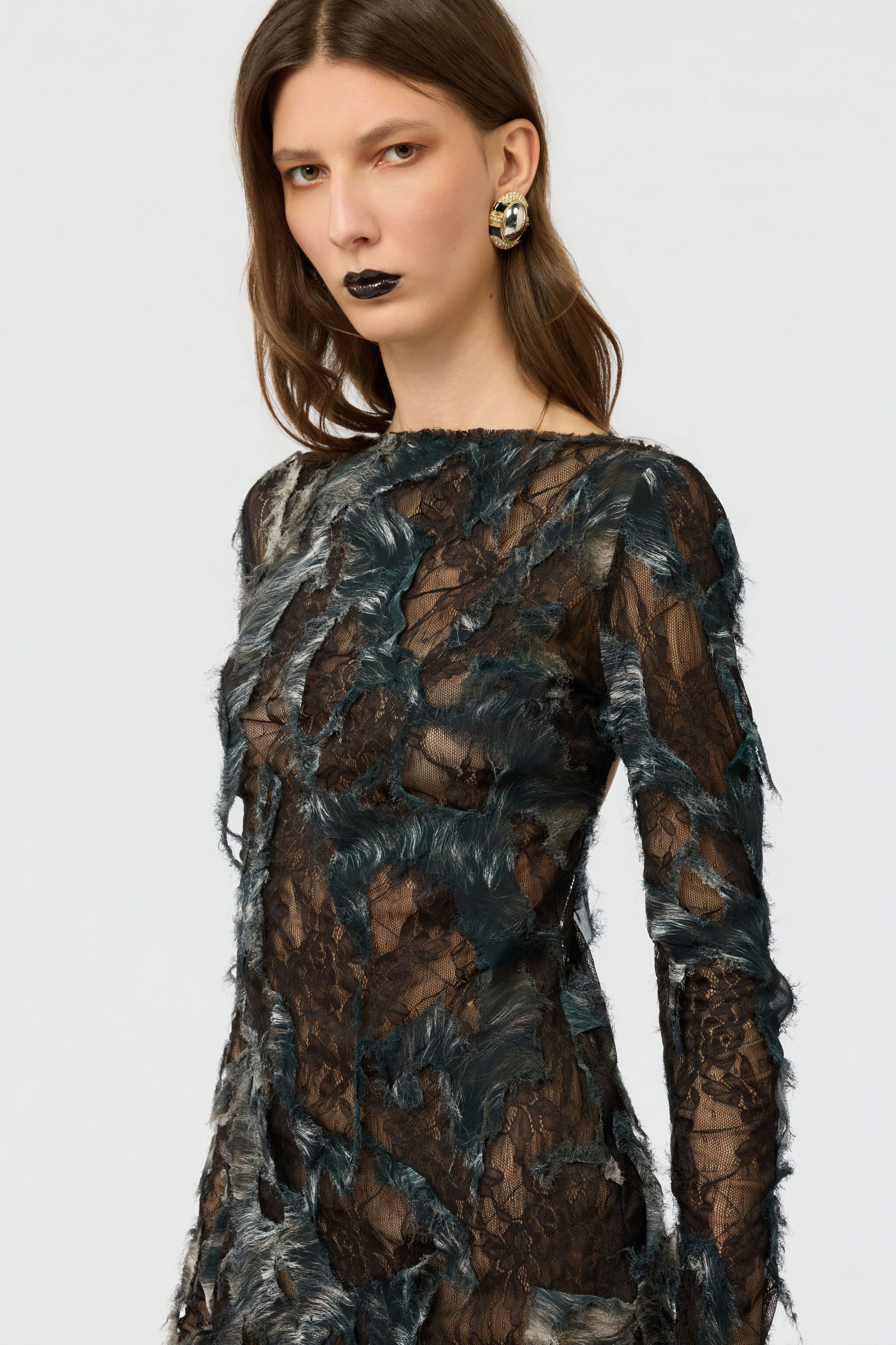 RC Mini Dress with Fur Print on Destroyed-Effect Lace RC Mini Dress with Fur Print on Destroyed-Effect Lace BLACK/BEIGE XWT143-7HT79