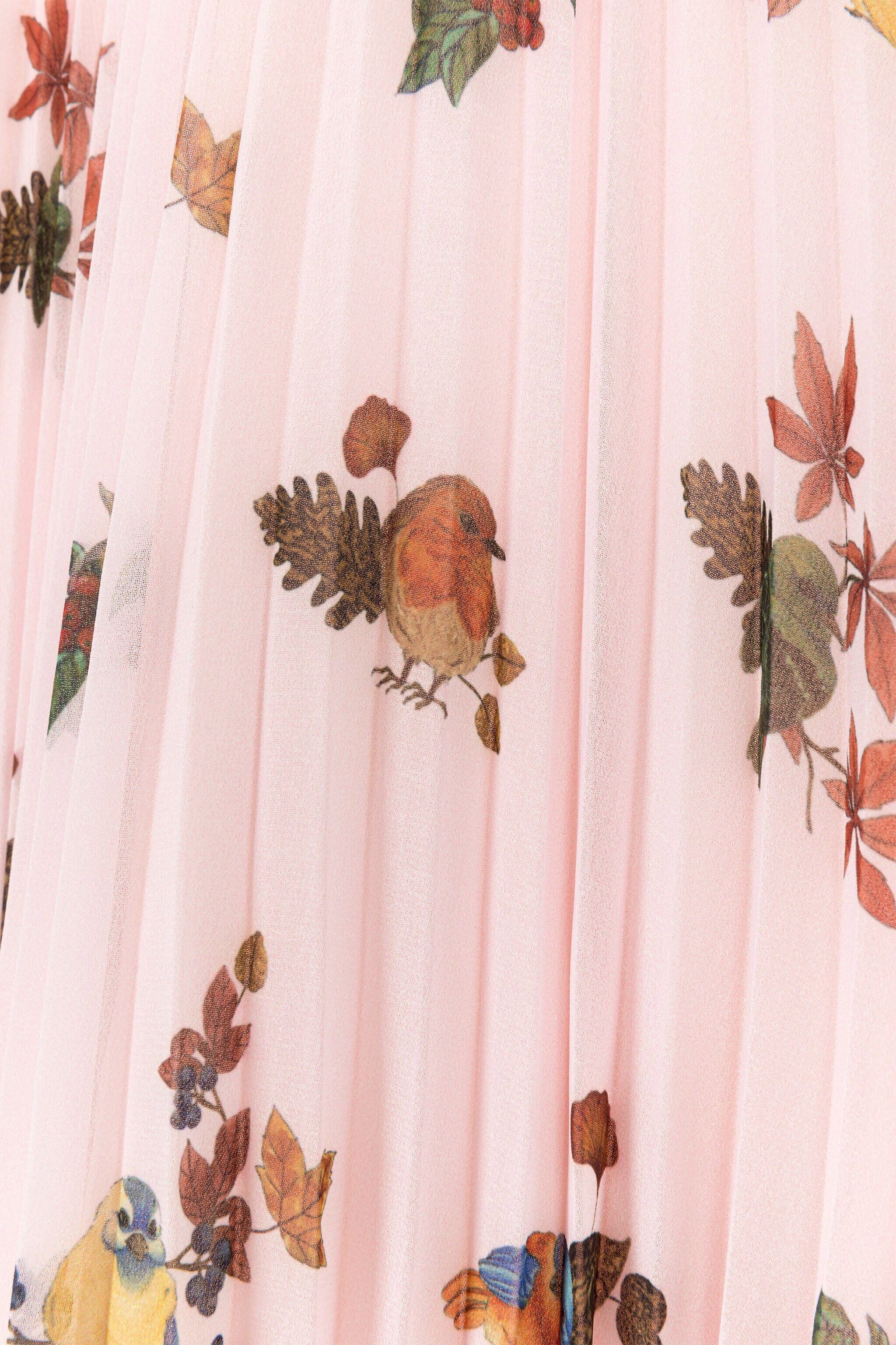 JU Bird-Print Pleated Skirt Pink RJT30D-7GH91