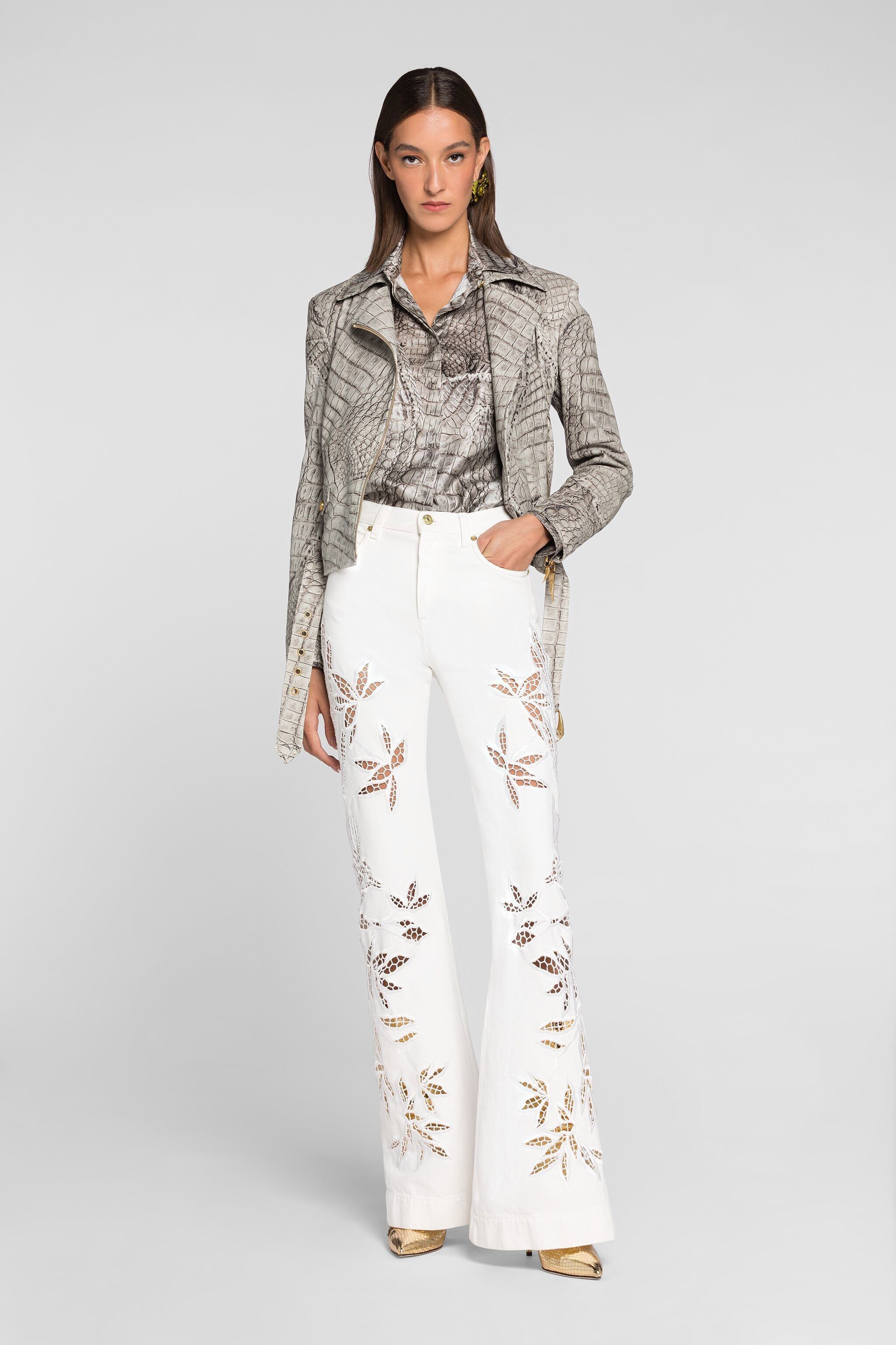 Floral Cut-Out Flared Jeans in White for Women | Roberto Cavalli®