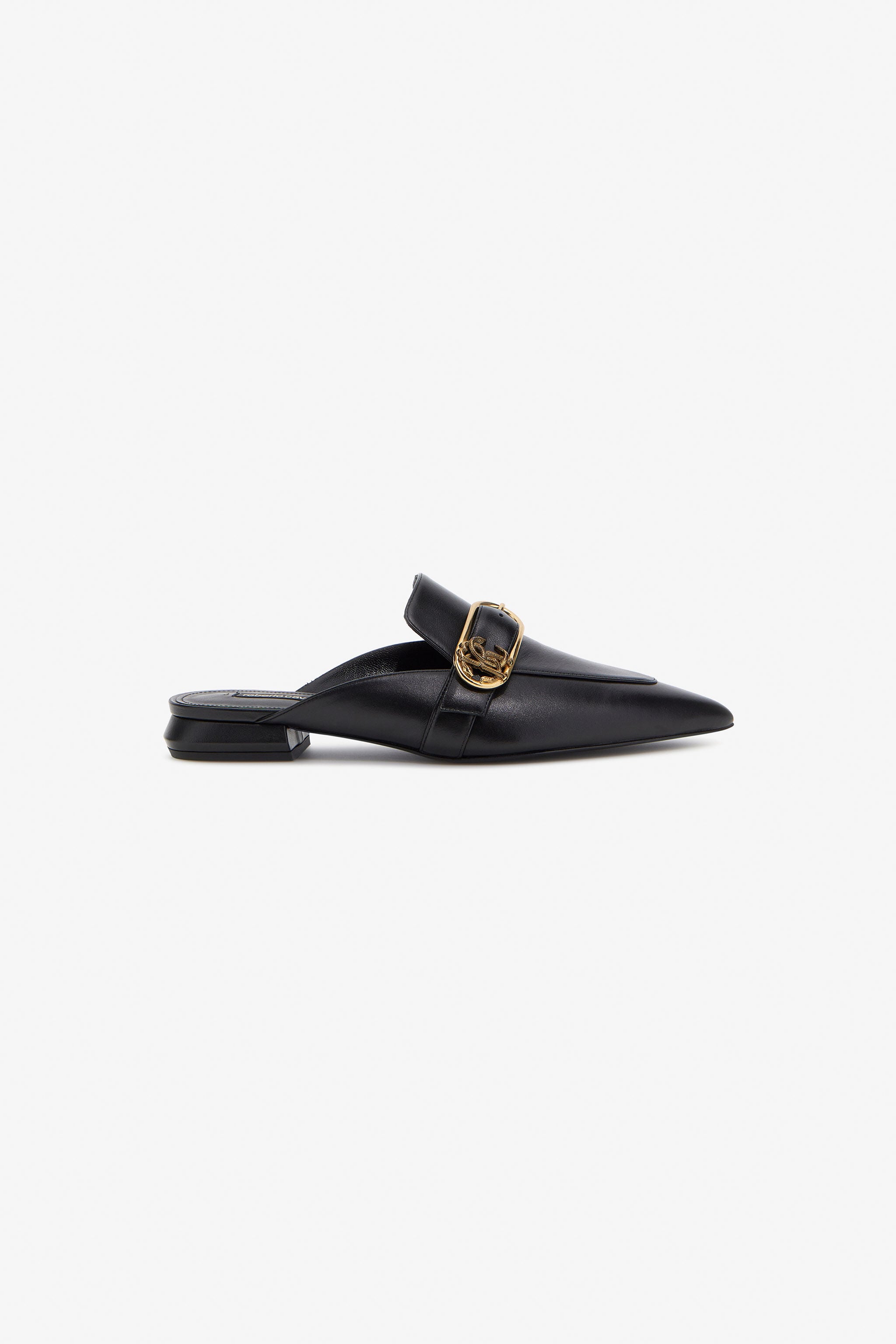 RC Schwarzer Slipper Aus Leder Mit Mirror Snake-Schnalle RC Schwarzer Slipper Aus Leder Mit Mirror Snake-Schnalle Schwarz SKS019-PZ172