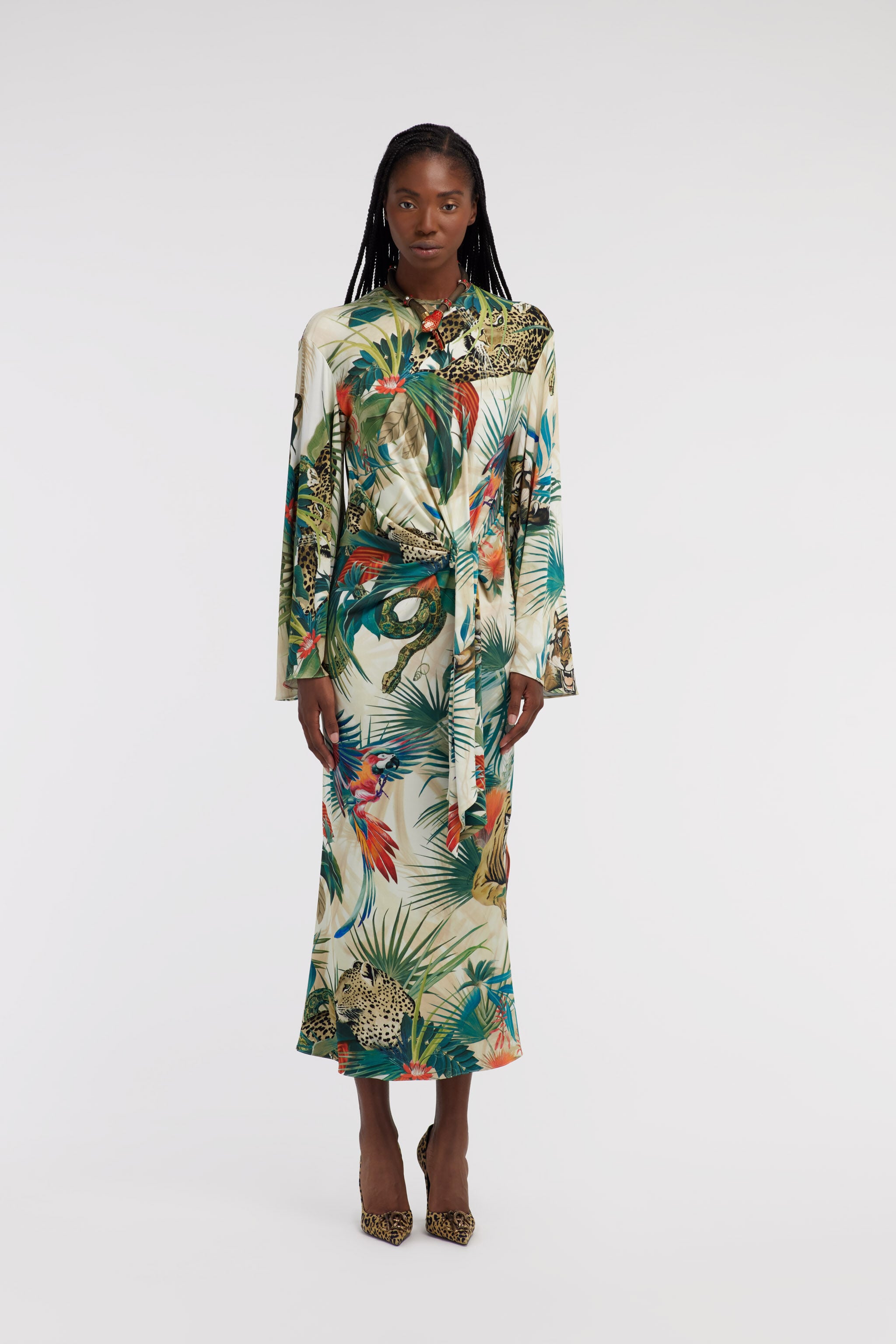 RC Vestido Midi Estampado Jungle Con Nudo En La Cintura RC Vestido Midi Estampado Jungle Con Nudo En La Cintura Verde SKT123-JRI88
