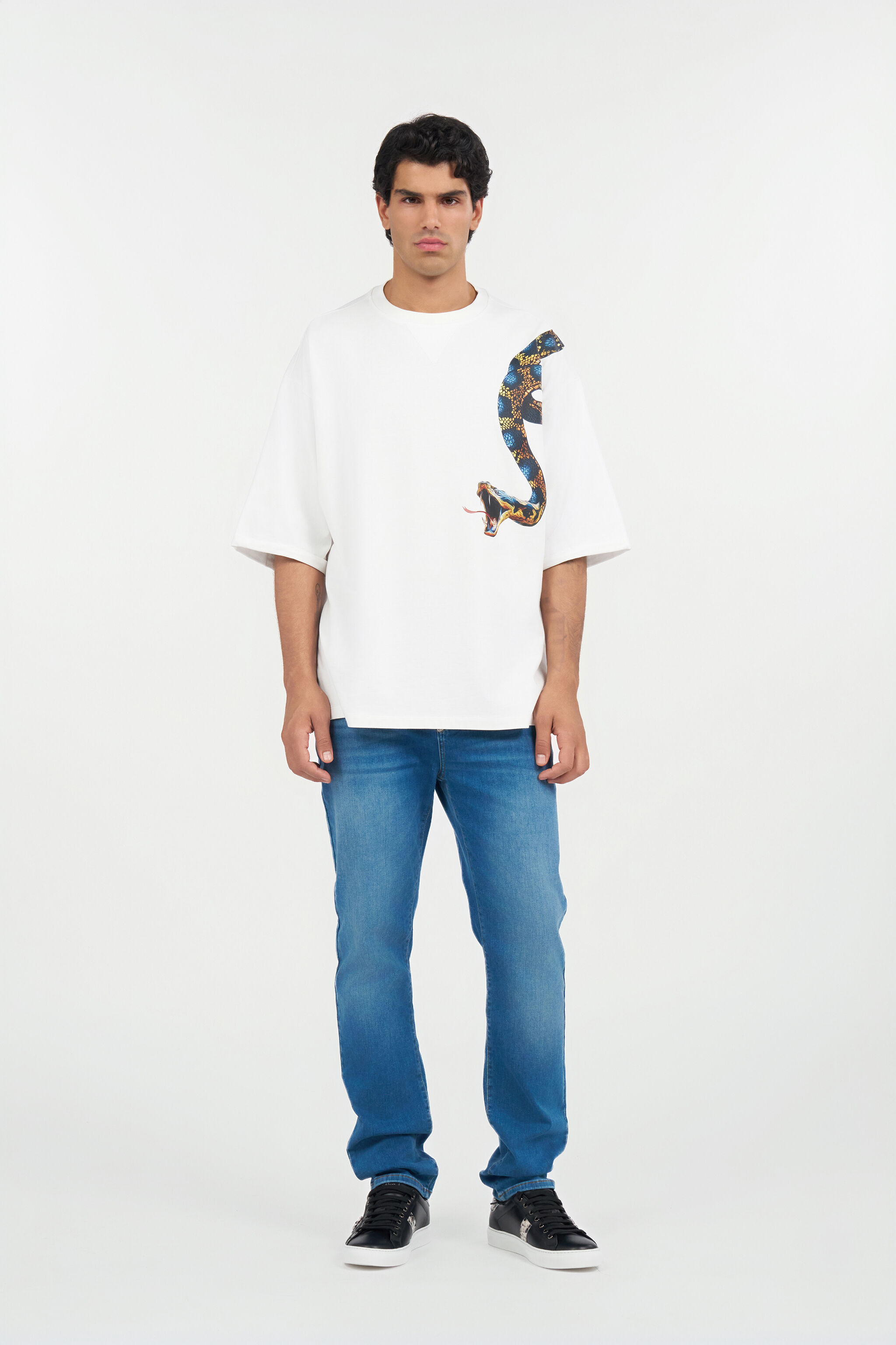 Oversized T-shirt with Snake Print in WHITE for Men | Roberto Cavalli®