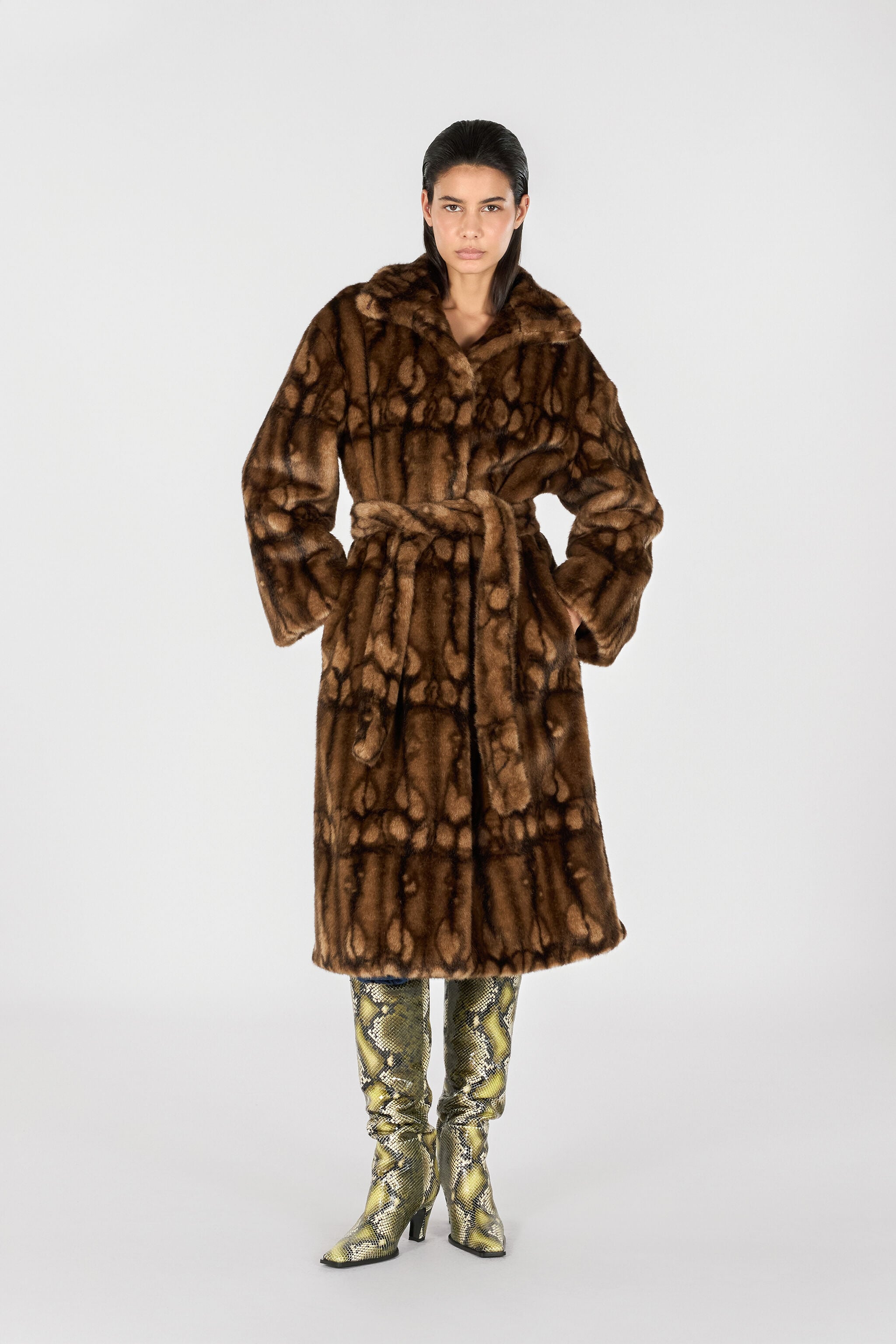 RC Long faux fur coat with high collar Brown TKT501-FY080
