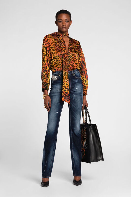 RC Animalier Patchwork-Print Appliqué Straight-Leg Jeans RC Animalier Patchwork-Print Appliqué Straight-Leg Jeans Dark blue OQJ218-DS004