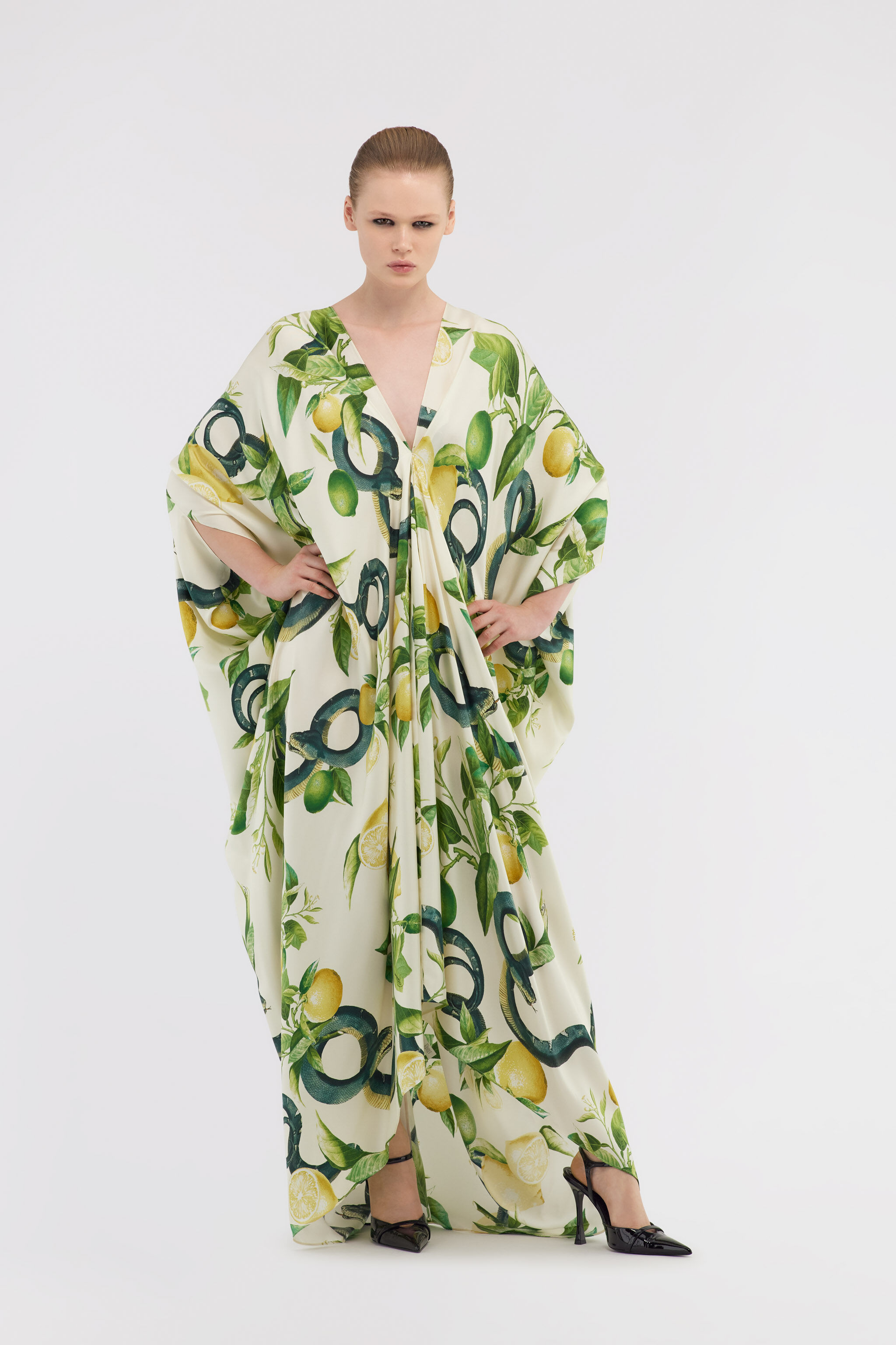 Roberto Cavalli　フード付きシルク カフタン　チュニック Kaftano Lemon print in Ivory for Women | Roberto Cavalli®
