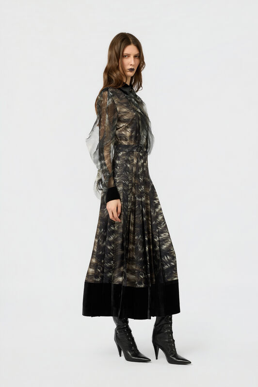 RC Vestido midi de seda con estampado Fur BLACK/BEIGE XWT113-OZT79