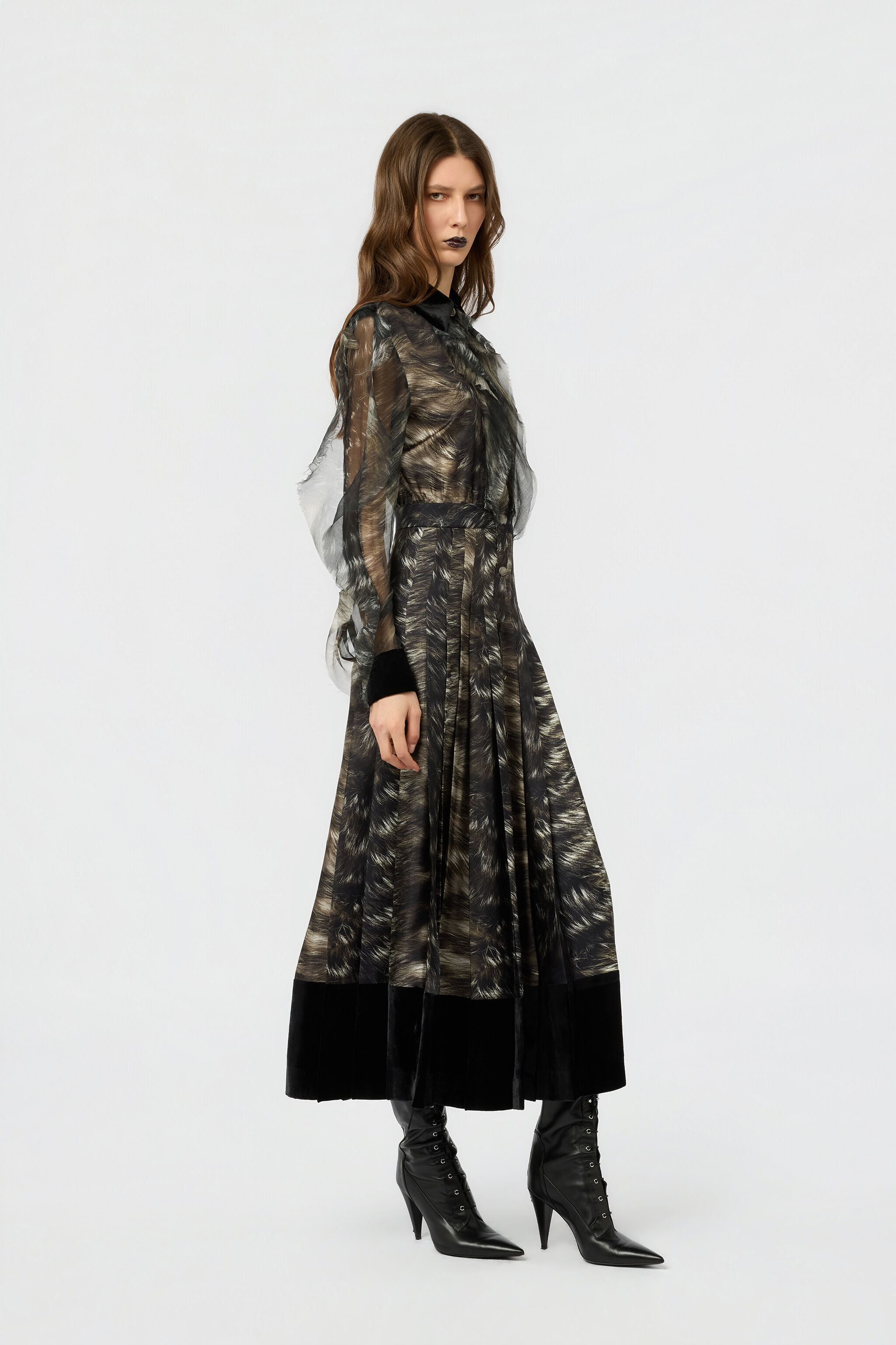 RC Vestido midi de seda con estampado Fur BLACK/BEIGE XWT113-OZT79