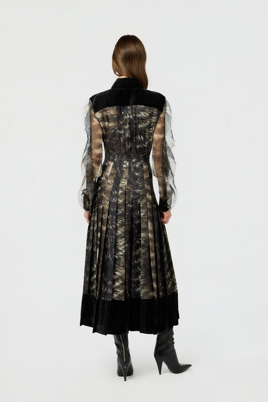 RC Vestido midi de seda con estampado Fur BLACK/BEIGE XWT113-OZT79