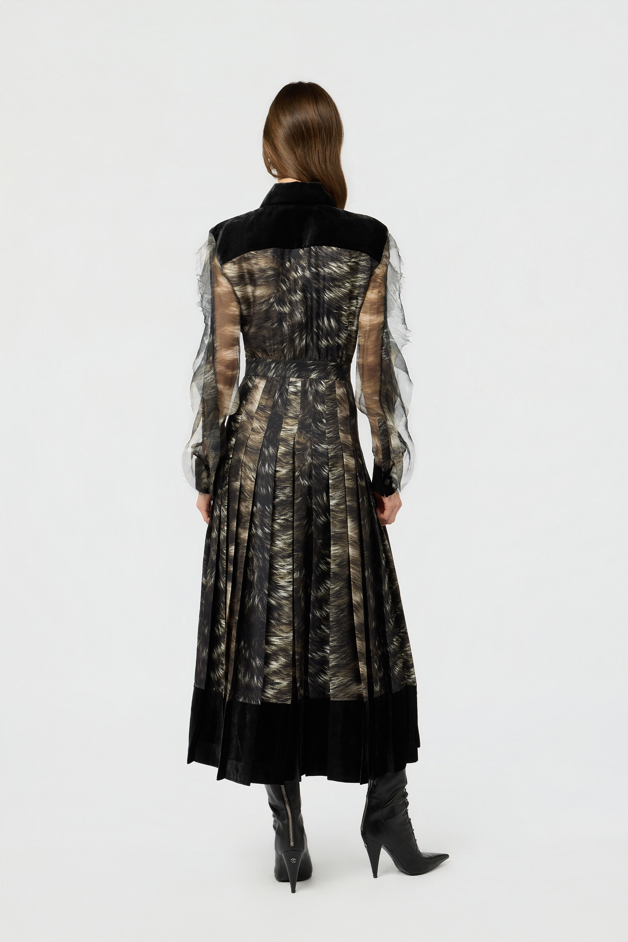 RC Vestido midi de seda con estampado Fur BLACK/BEIGE XWT113-OZT79