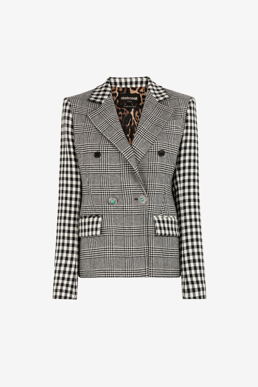 RC Houndstooth and Gingham Double-Breasted Blazer Black/White RKT404-GA007