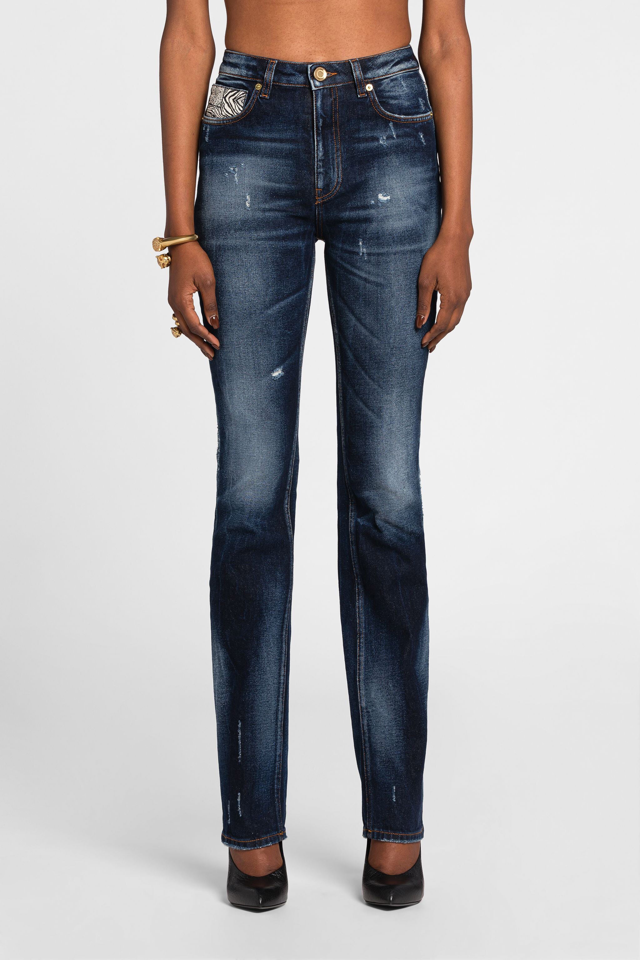 RC Animalier Patchwork-Print Appliqué Straight-Leg Jeans RC Animalier Patchwork-Print Appliqué Straight-Leg Jeans Dark blue OQJ218-DS004
