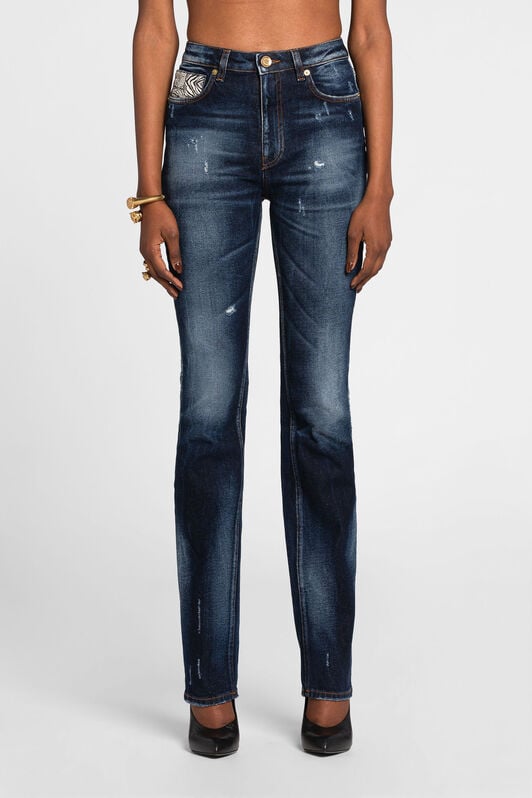 RC Animalier Patchwork-Print Appliqué Straight-Leg Jeans RC Animalier Patchwork-Print Appliqué Straight-Leg Jeans Dark blue OQJ218-DS004