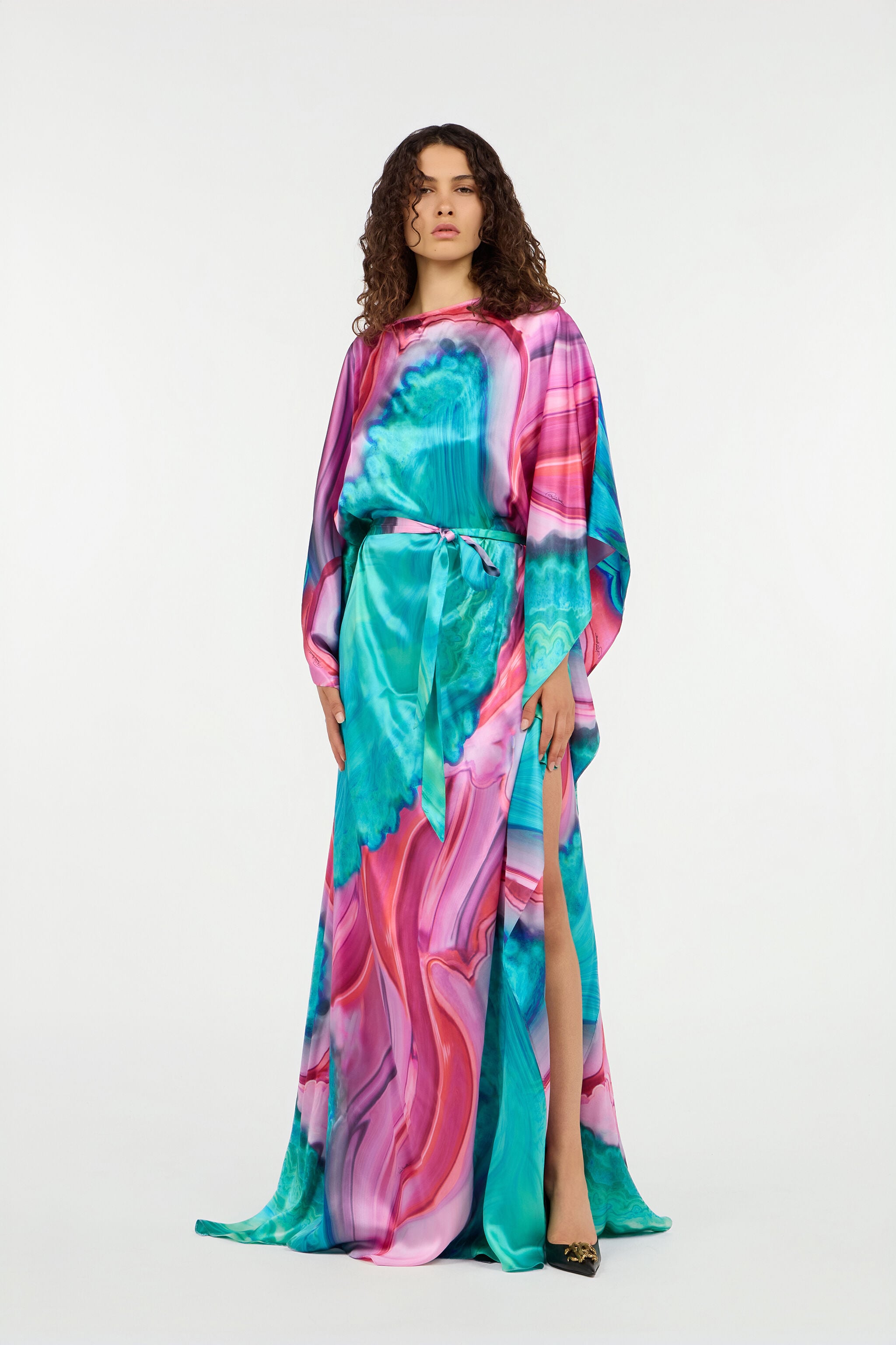 RC Long dress in multicolor marbled silk RC Long dress in multicolor marbled silk VERDE/ROSA VWT180-TYR79