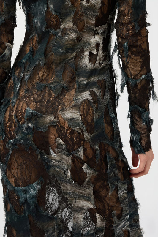 RC Dress with Fur Print on Destroyed-Effect Lace RC Dress with Fur Print on Destroyed-Effect Lace BLACK/BEIGE XWT145-7HT79